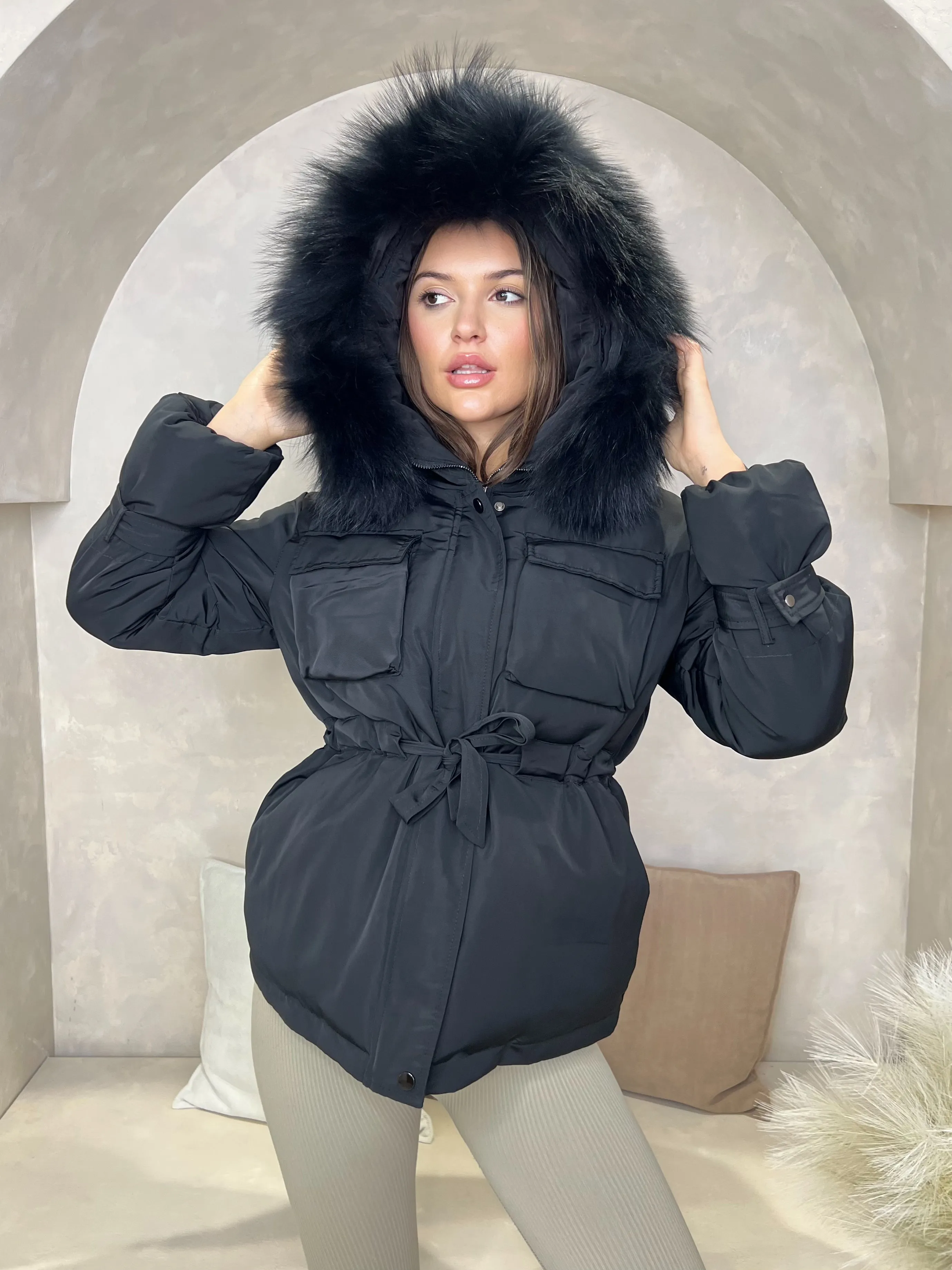 Black/Black Fur Drawstring Luxury Fur Padded Belted Coat