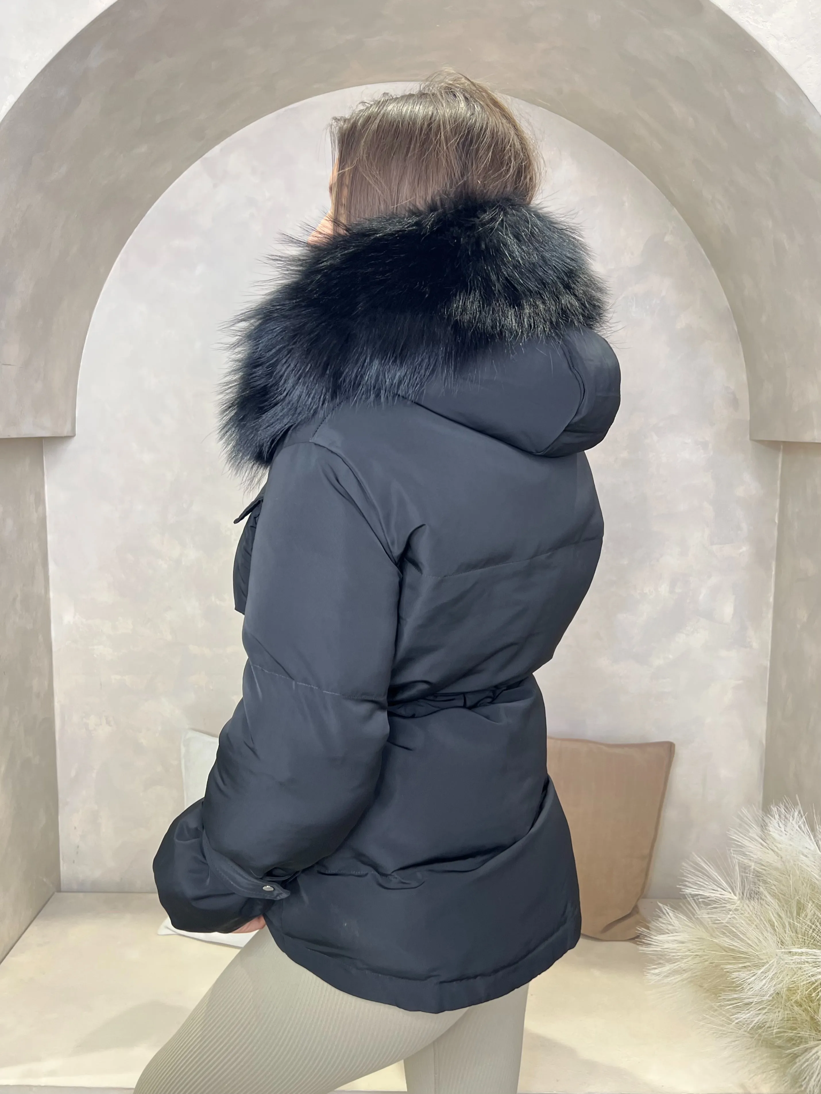 Black/Black Fur Drawstring Luxury Fur Padded Belted Coat