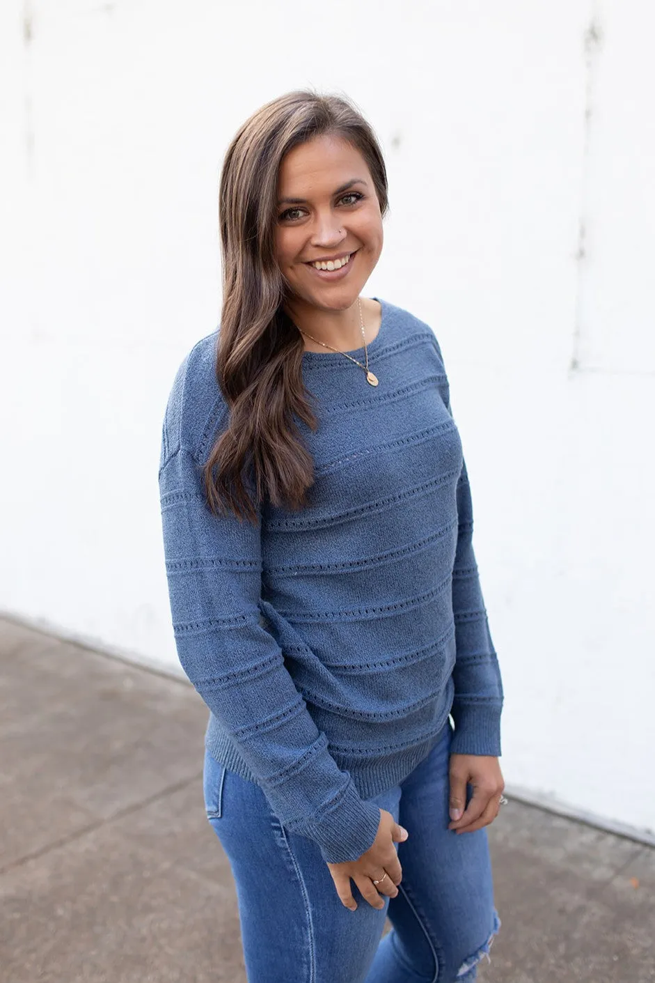 Blue Lightweight Pointelle Knit Sweater (SM-XL)