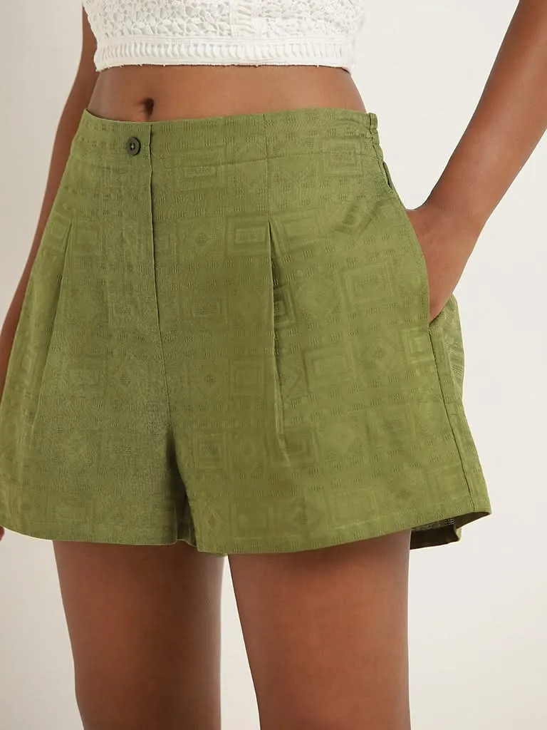 Bombay Paisley Olive Textured Mid-Rise Cotton Shorts