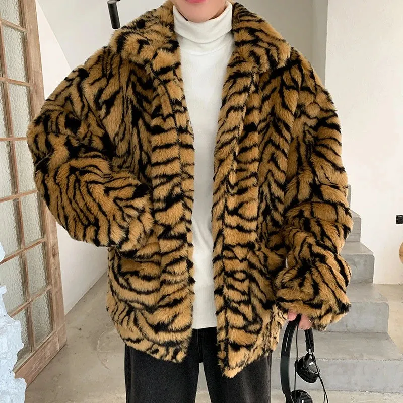 Bonsir Men Winter Faux Fur Furry Coat Loose Male Leopard Print Tiger Stripe Jacket Oversize Boys Harajuku Outerwear Xxxl Windbreaker