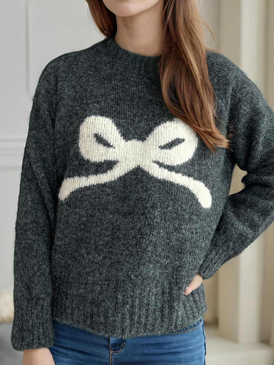 Bow Round Neck Long Sleeve Sweater | Christmas Sweater | Holiday Sweater