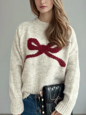 Bow Round Neck Long Sleeve Sweater | Christmas Sweater | Holiday Sweater