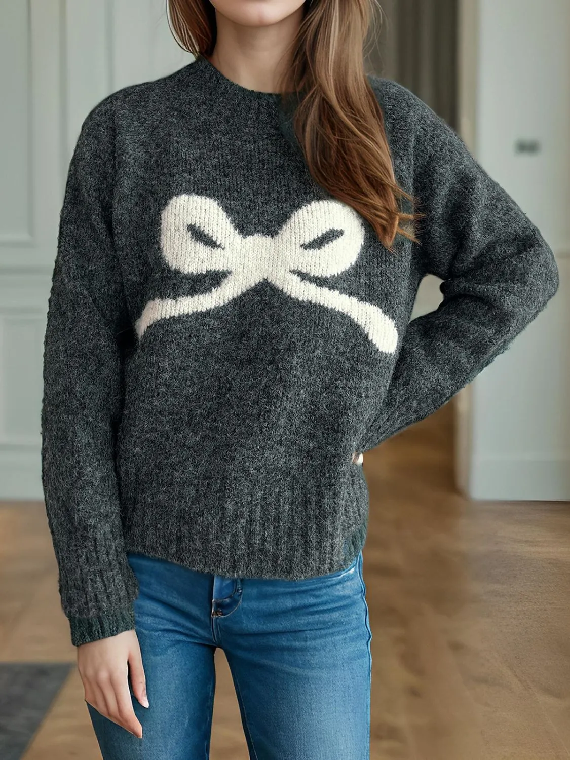 Bow Round Neck Long Sleeve Sweater | Christmas Sweater | Holiday Sweater