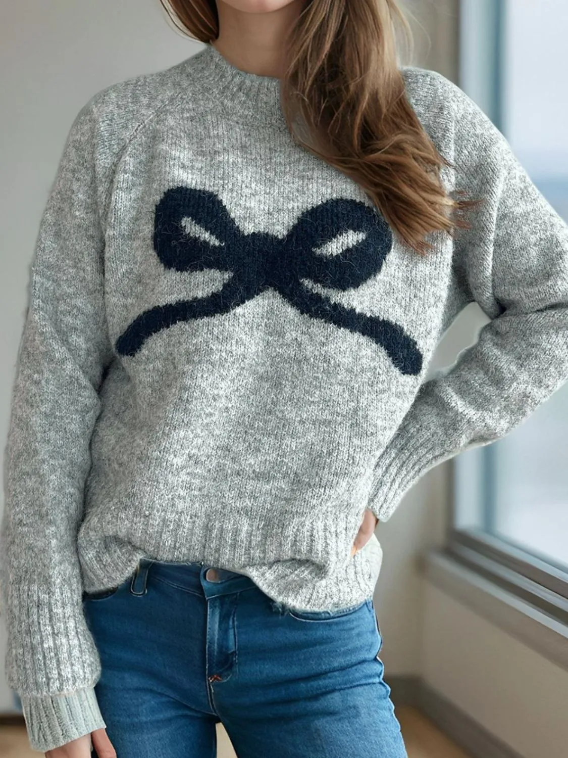 Bow Round Neck Long Sleeve Sweater | Christmas Sweater | Holiday Sweater