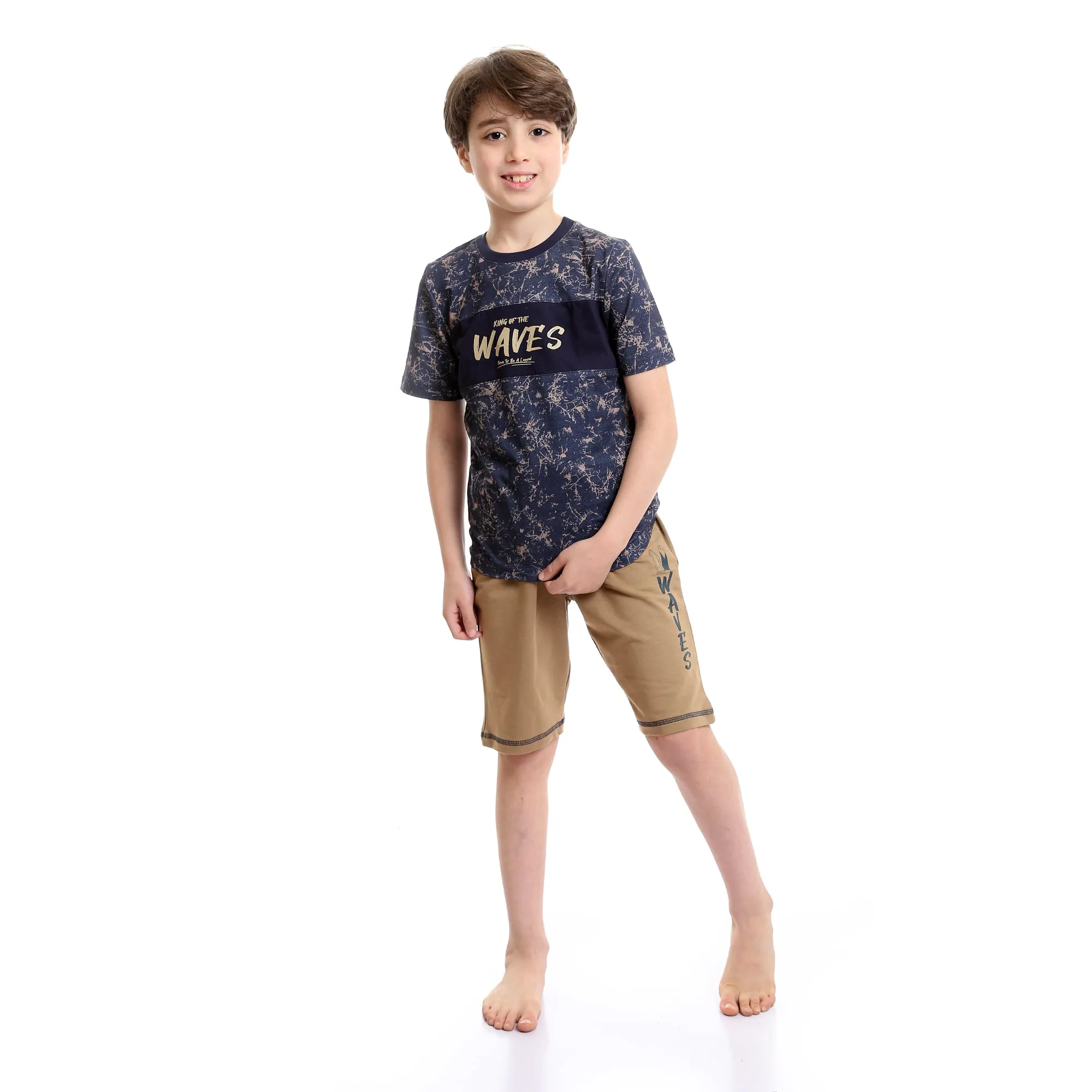 Boys Bi-Tone Patterned Tee & Cotton Shorts Pajama Set - Navy Blue & Coffee