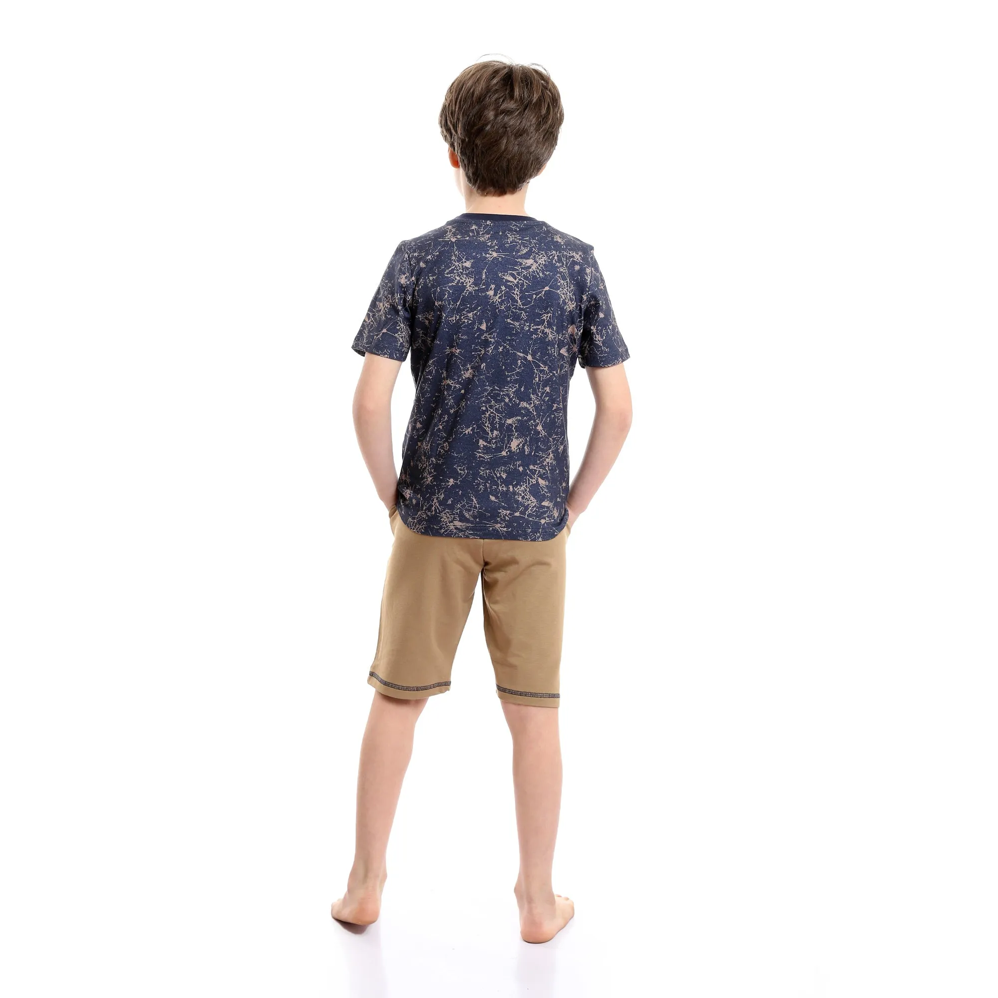 Boys Bi-Tone Patterned Tee & Cotton Shorts Pajama Set - Navy Blue & Coffee