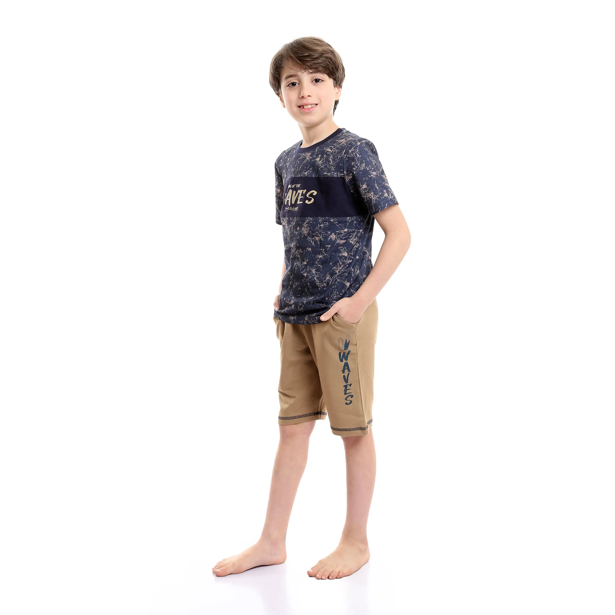 Boys Bi-Tone Patterned Tee & Cotton Shorts Pajama Set - Navy Blue & Coffee