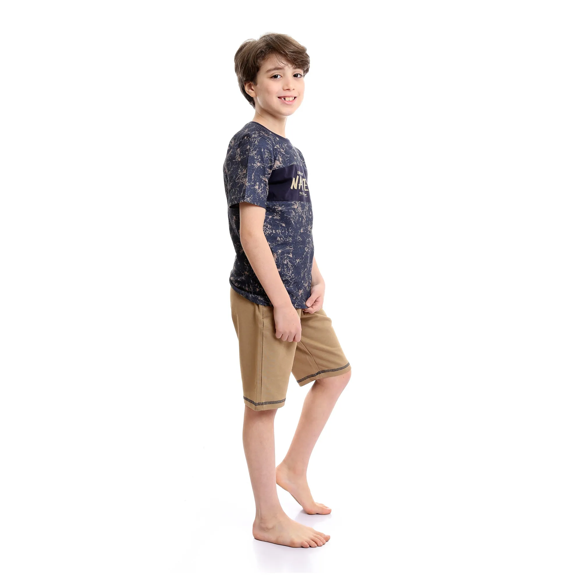 Boys Bi-Tone Patterned Tee & Cotton Shorts Pajama Set - Navy Blue & Coffee