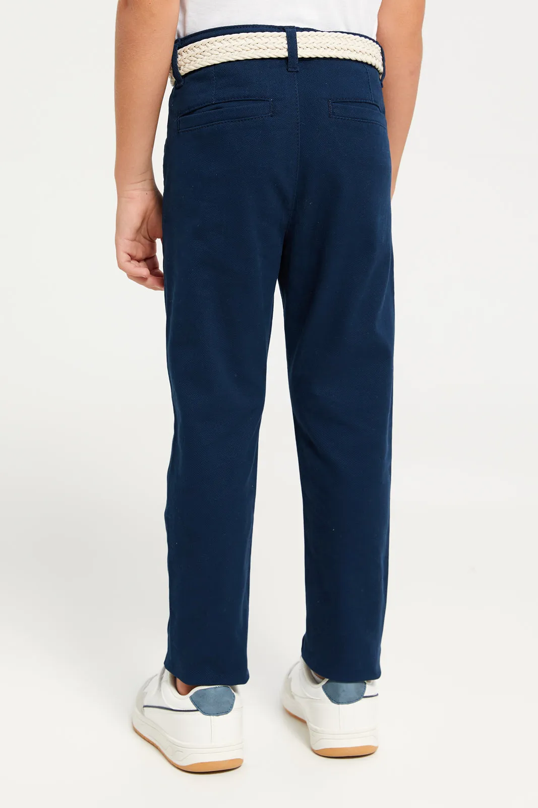 Boys Navy Dobby Fabric Belted Trouser