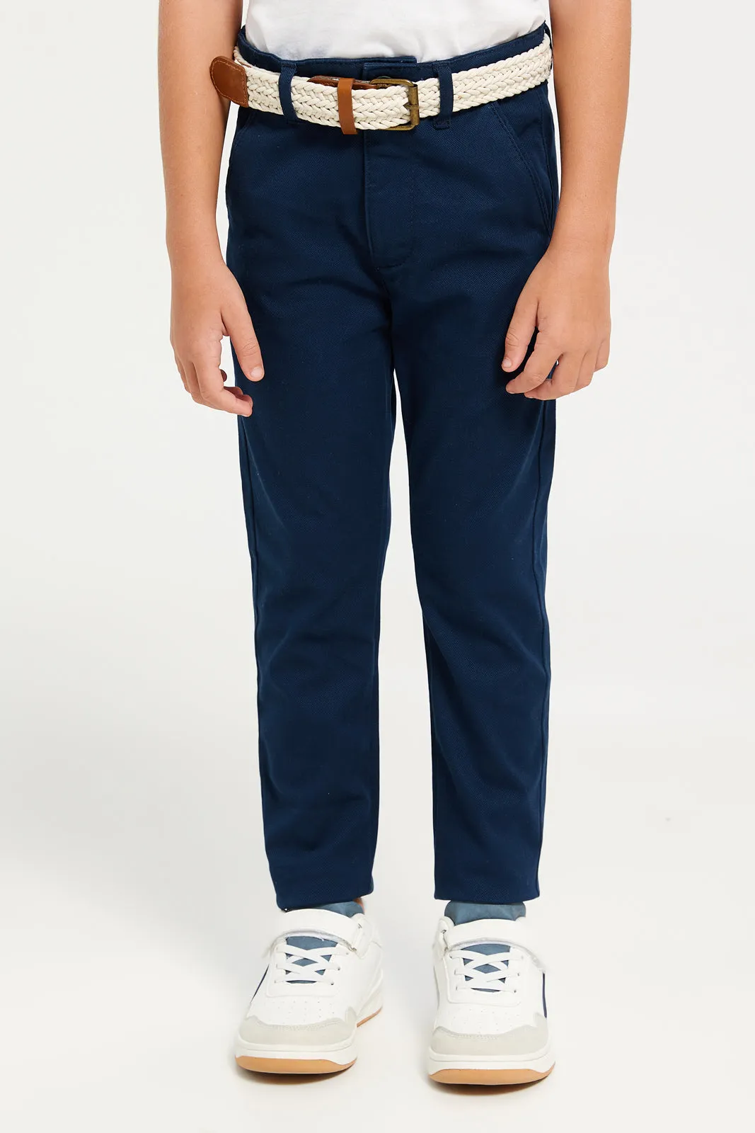 Boys Navy Dobby Fabric Belted Trouser