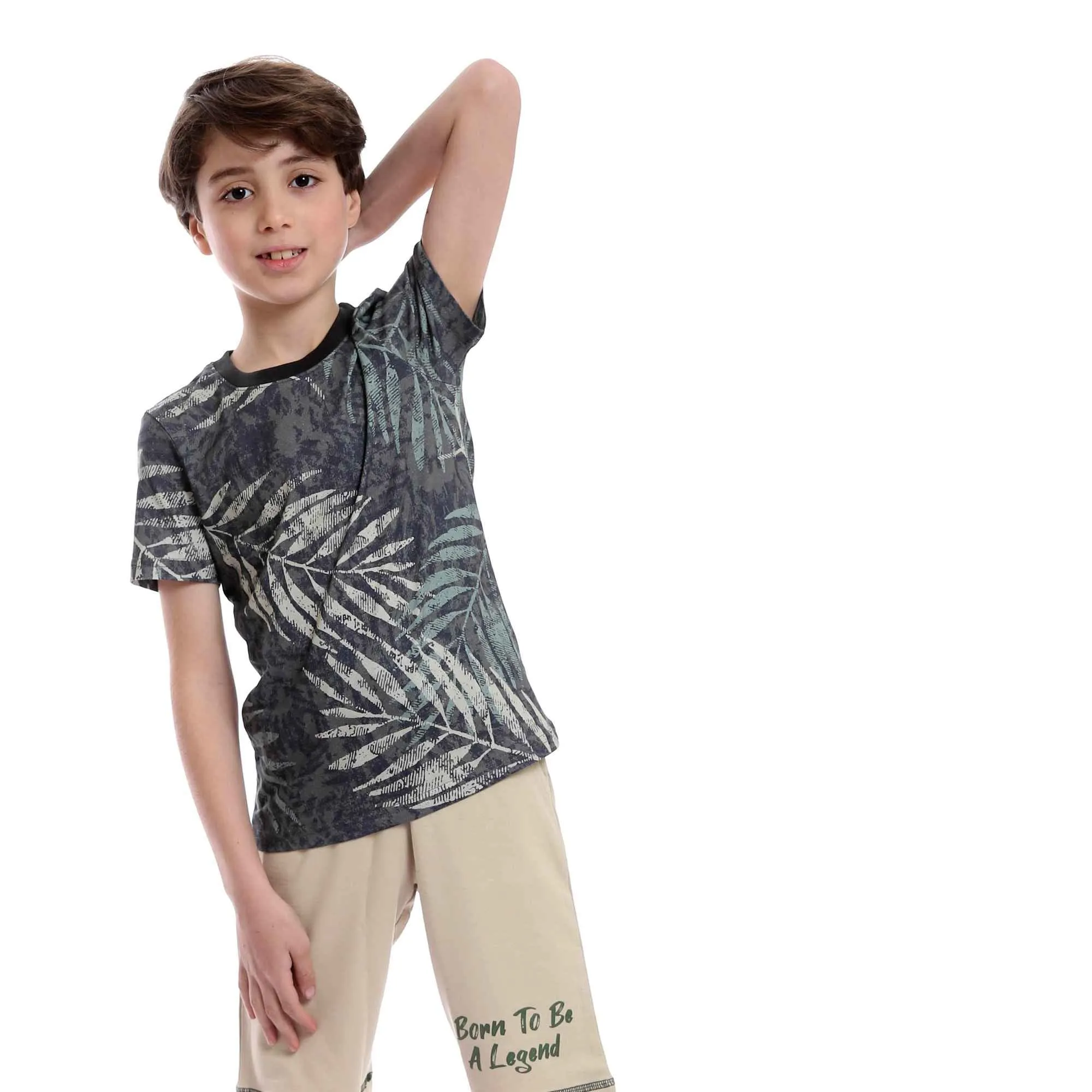 Boys Patterned Tee & Printed Shorts Pajama Set - Olive & Beige