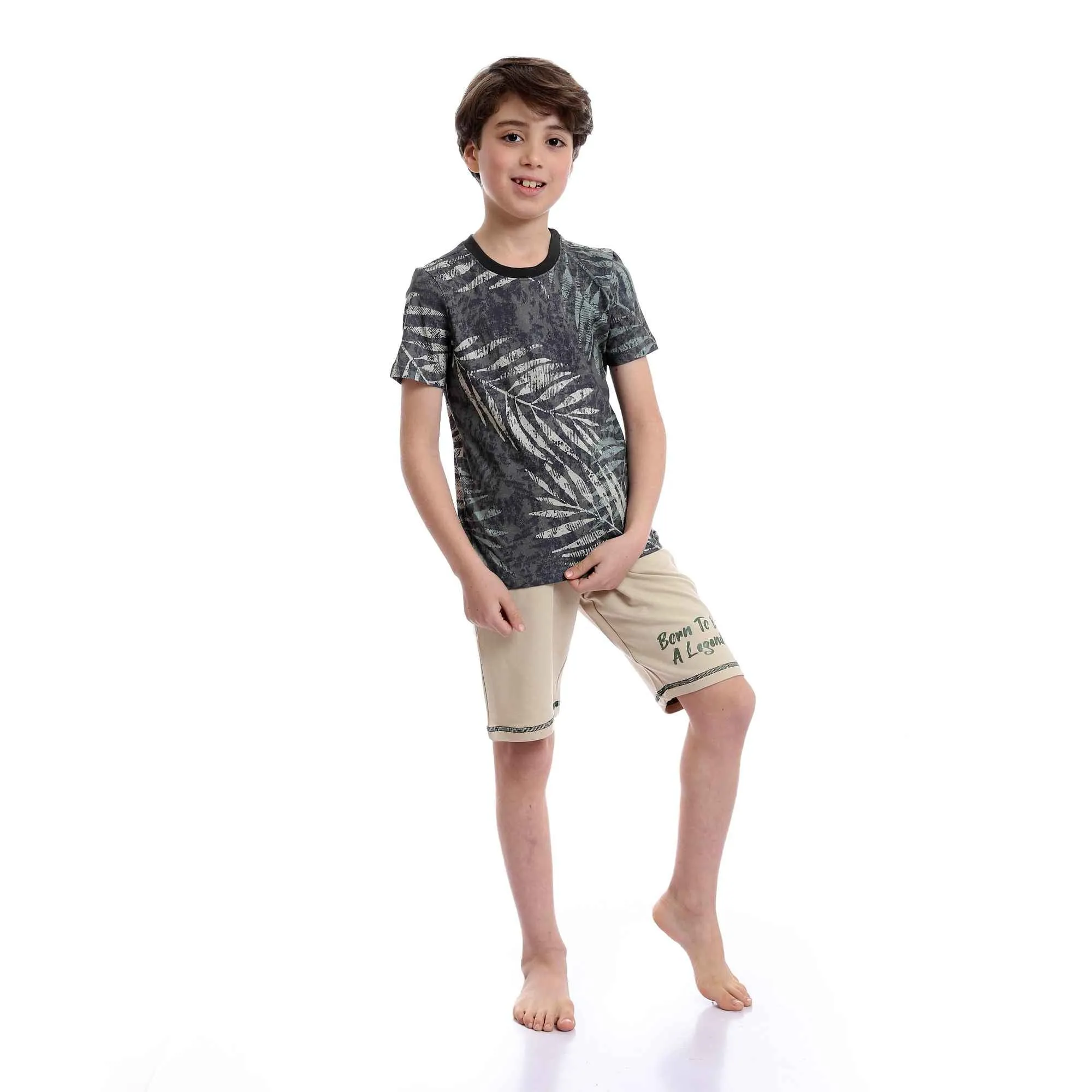 Boys Patterned Tee & Printed Shorts Pajama Set - Olive & Beige