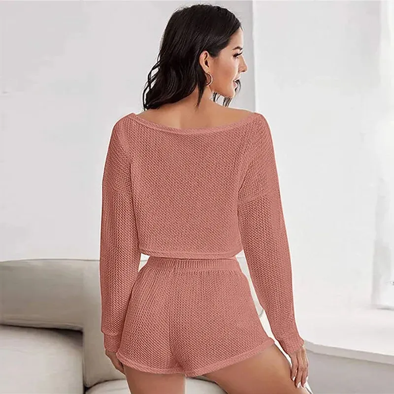 Breathable Waffle Knit Crop Top & Shorts Loungewear Set