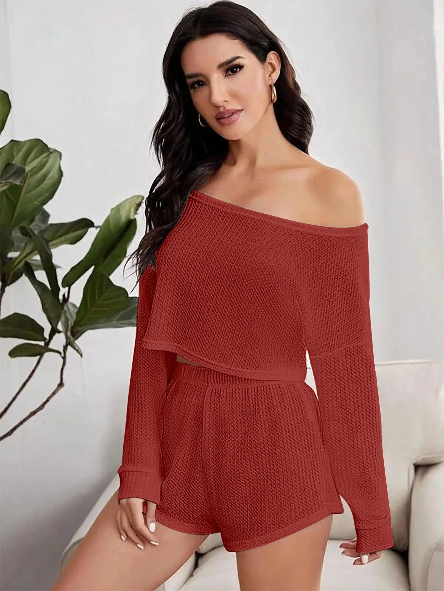 Breathable Waffle Knit Crop Top & Shorts Loungewear Set