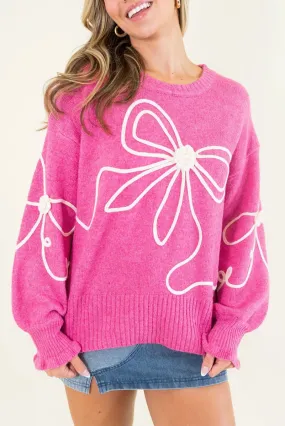 Bright Pink Corduroy Big Bow Casual Sweater