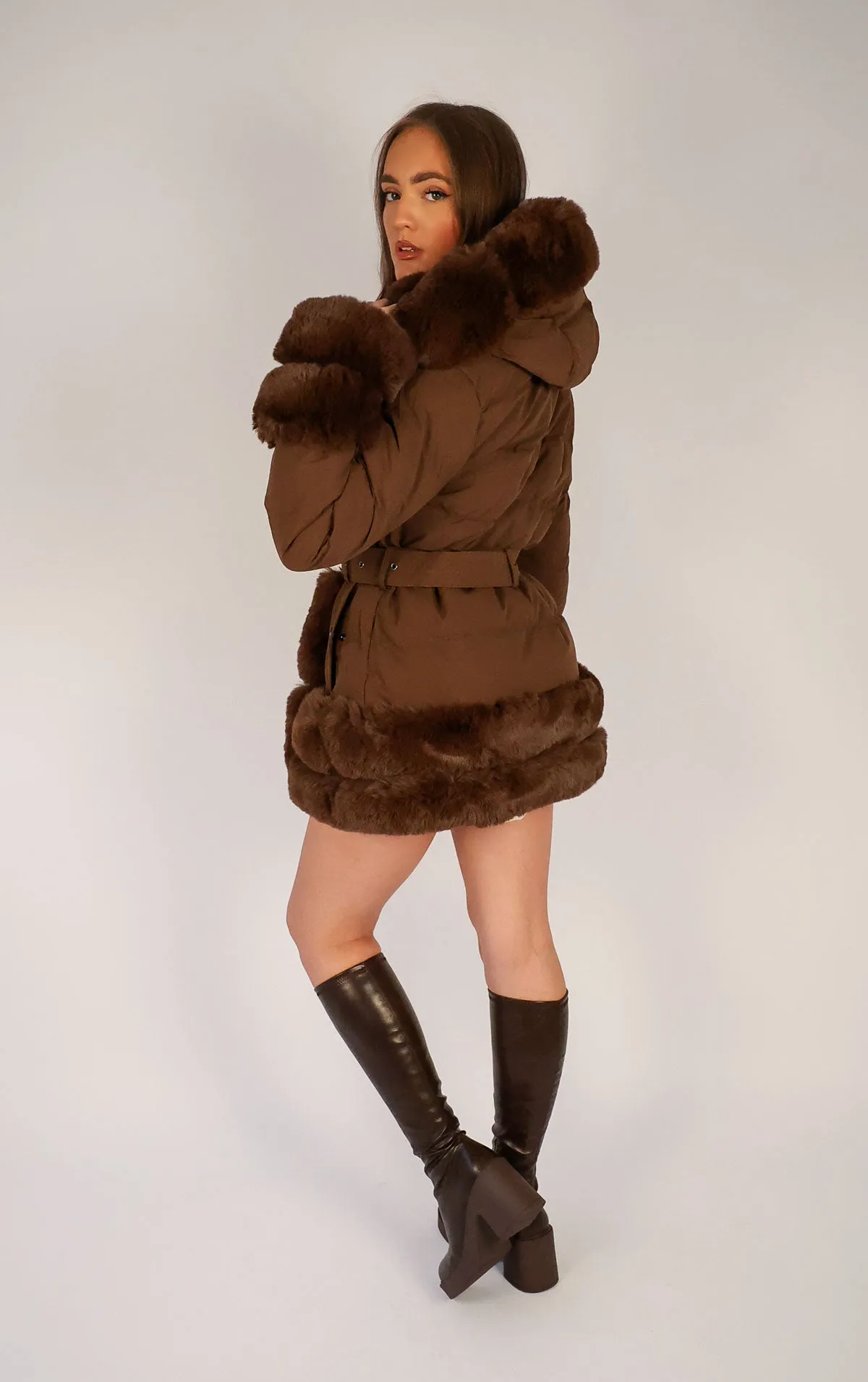 Brown Faux Fur Trim Puffer Hooded Coat