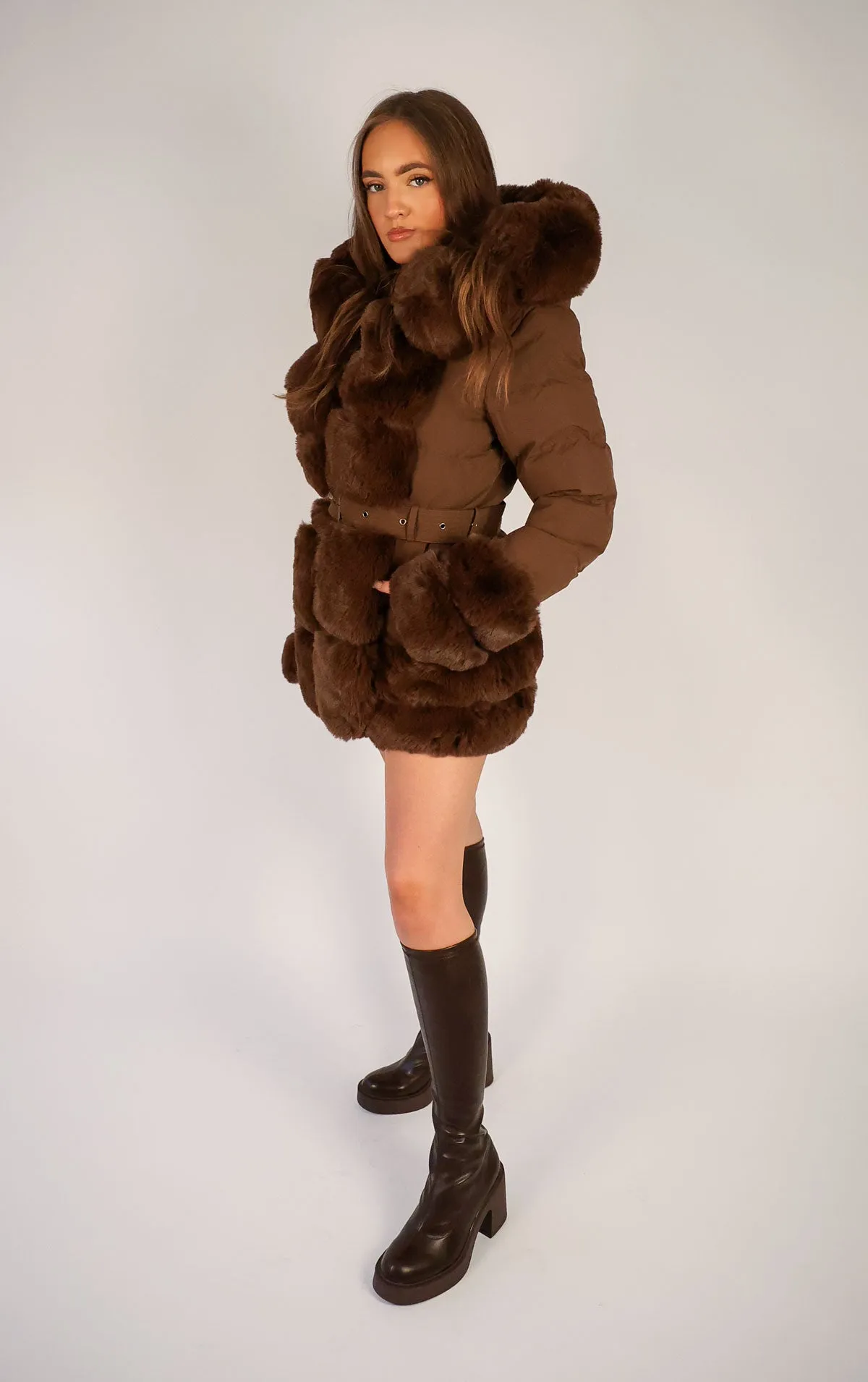 Brown Faux Fur Trim Puffer Hooded Coat