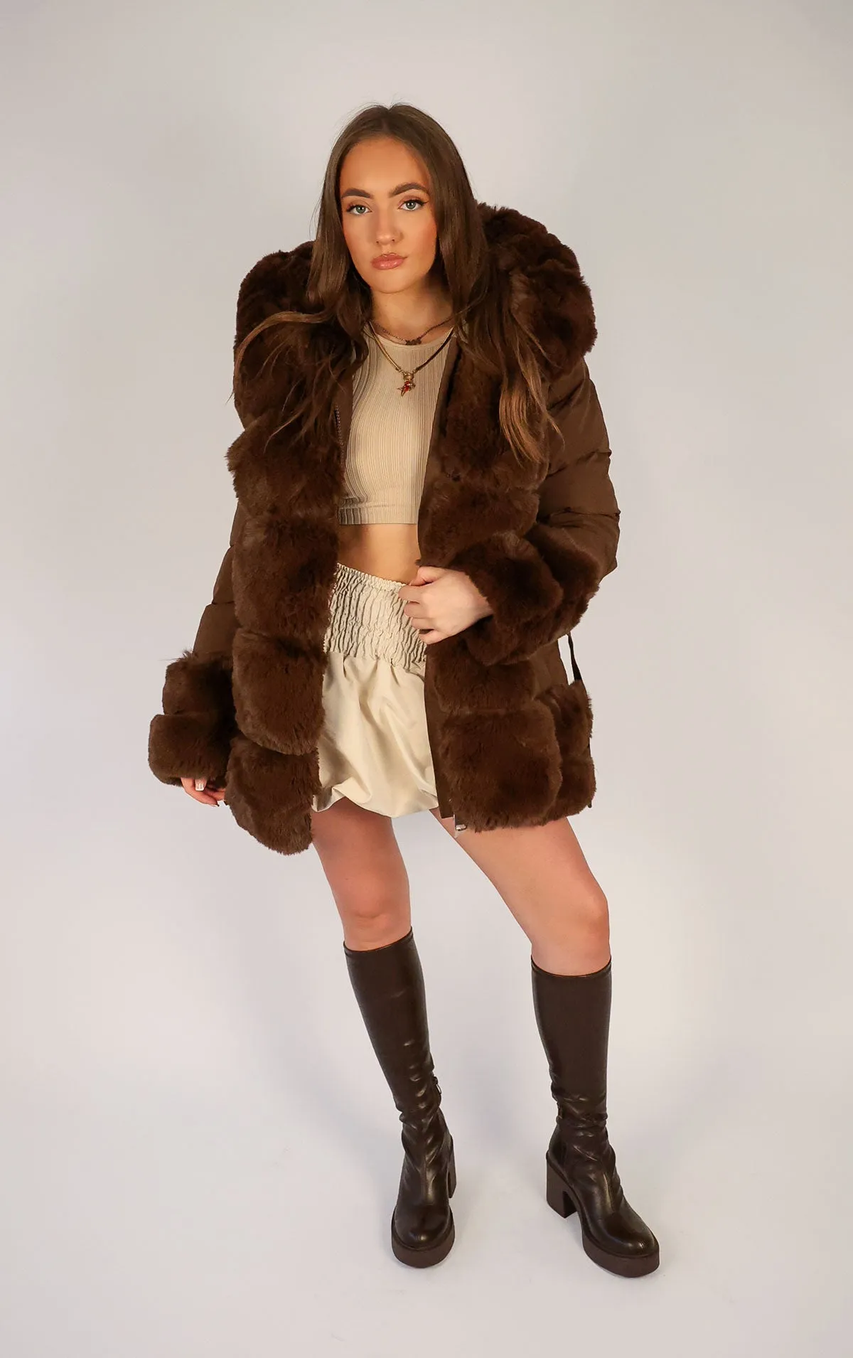 Brown Faux Fur Trim Puffer Hooded Coat