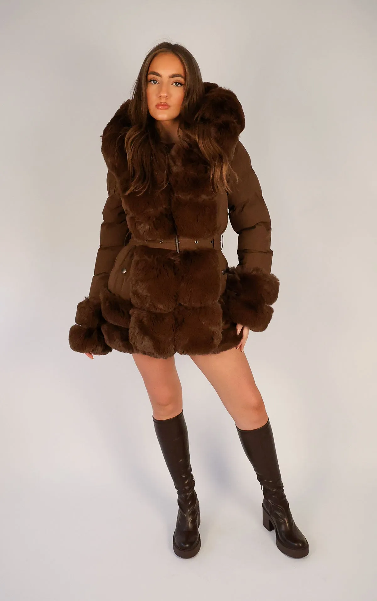 Brown Faux Fur Trim Puffer Hooded Coat