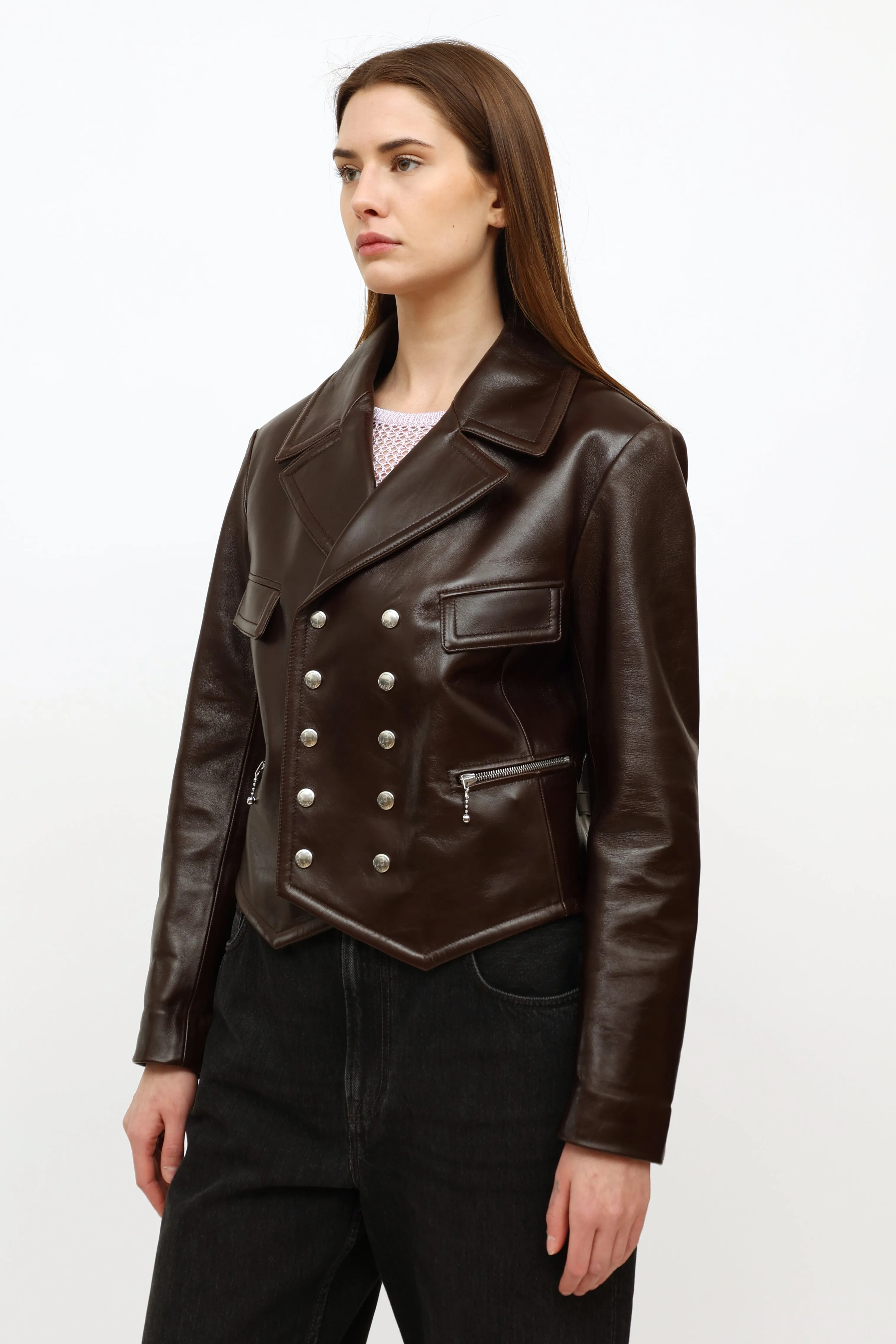 Brown Leather Cropped Moto Jacket