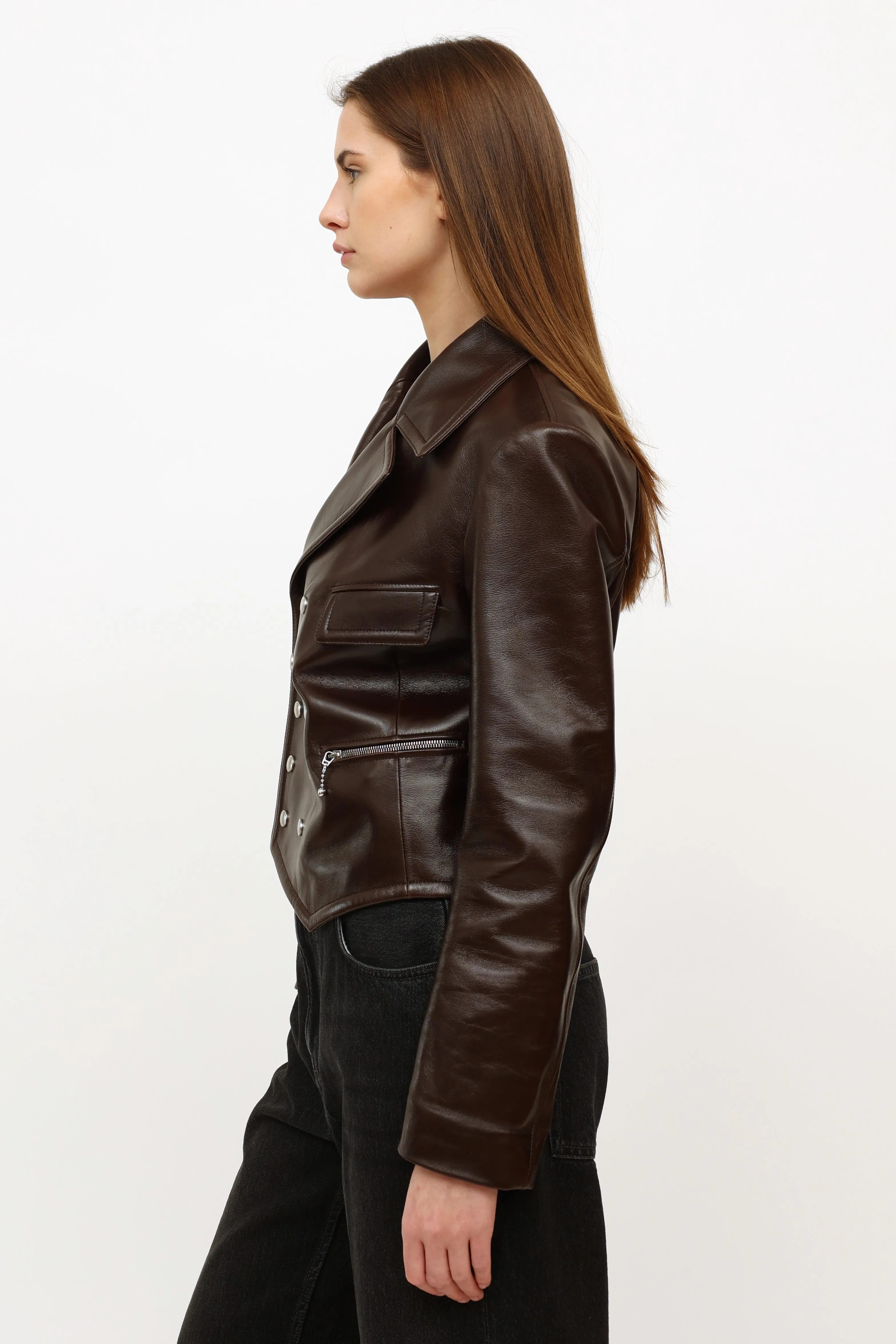 Brown Leather Cropped Moto Jacket