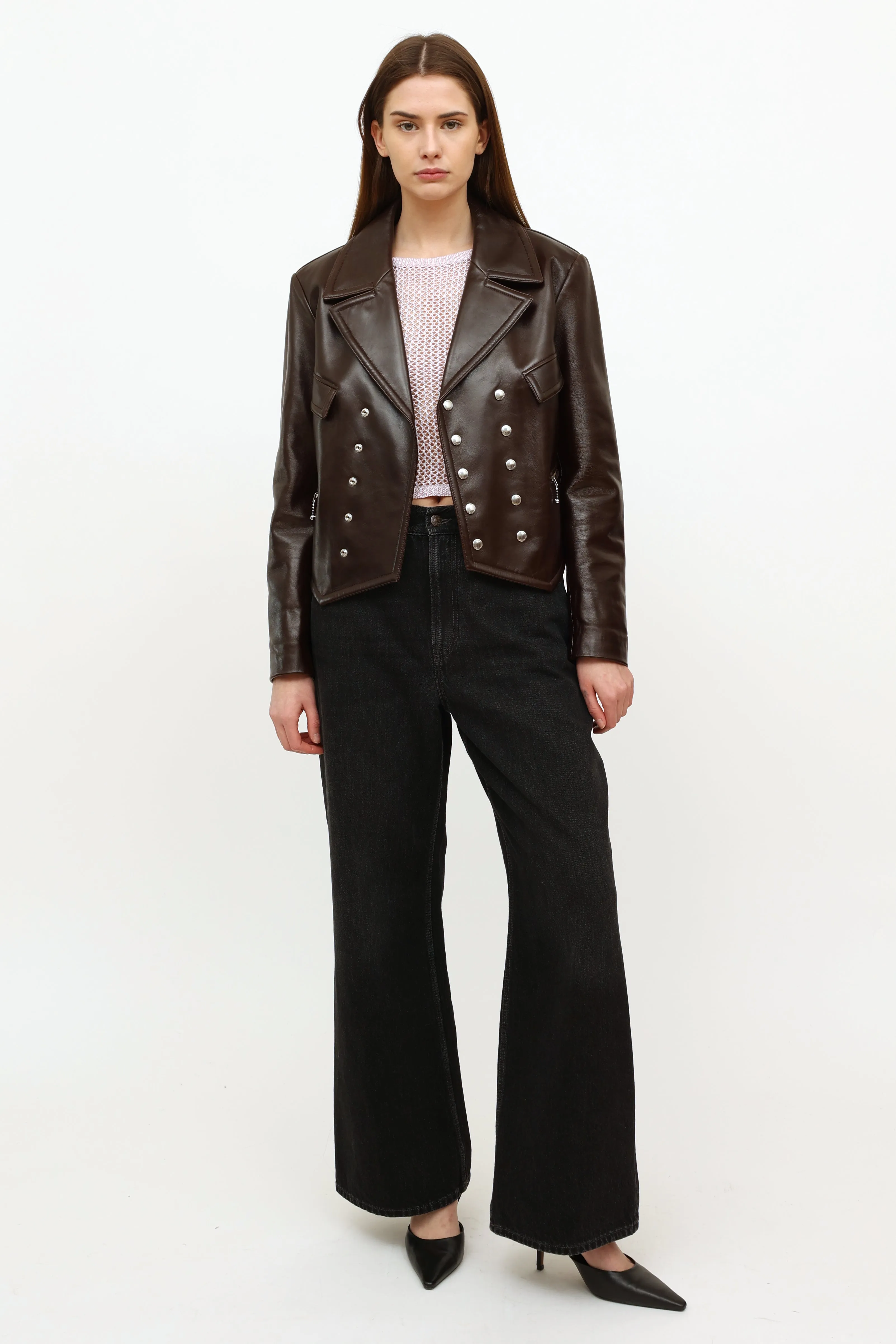 Brown Leather Cropped Moto Jacket