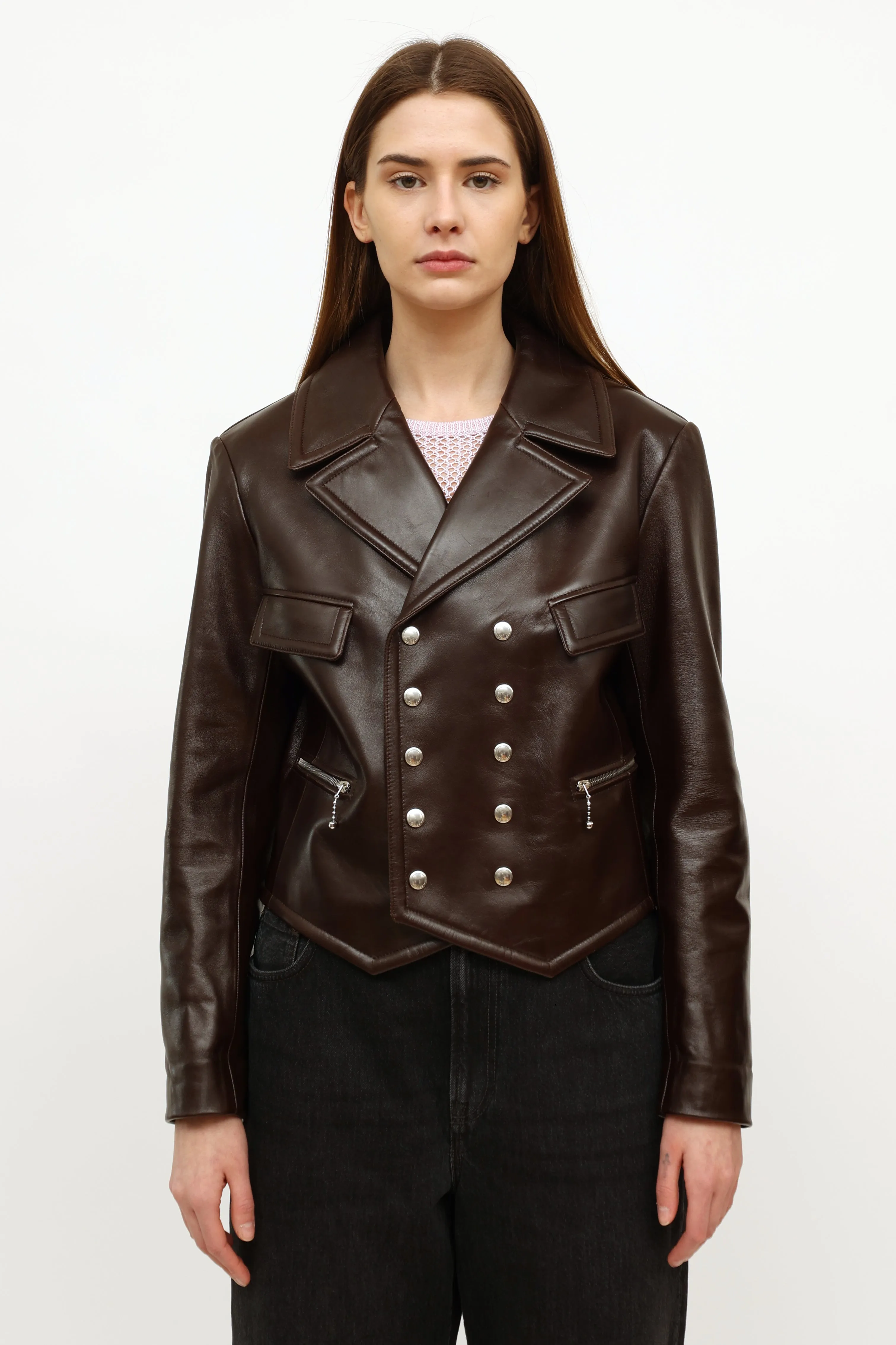 Brown Leather Cropped Moto Jacket