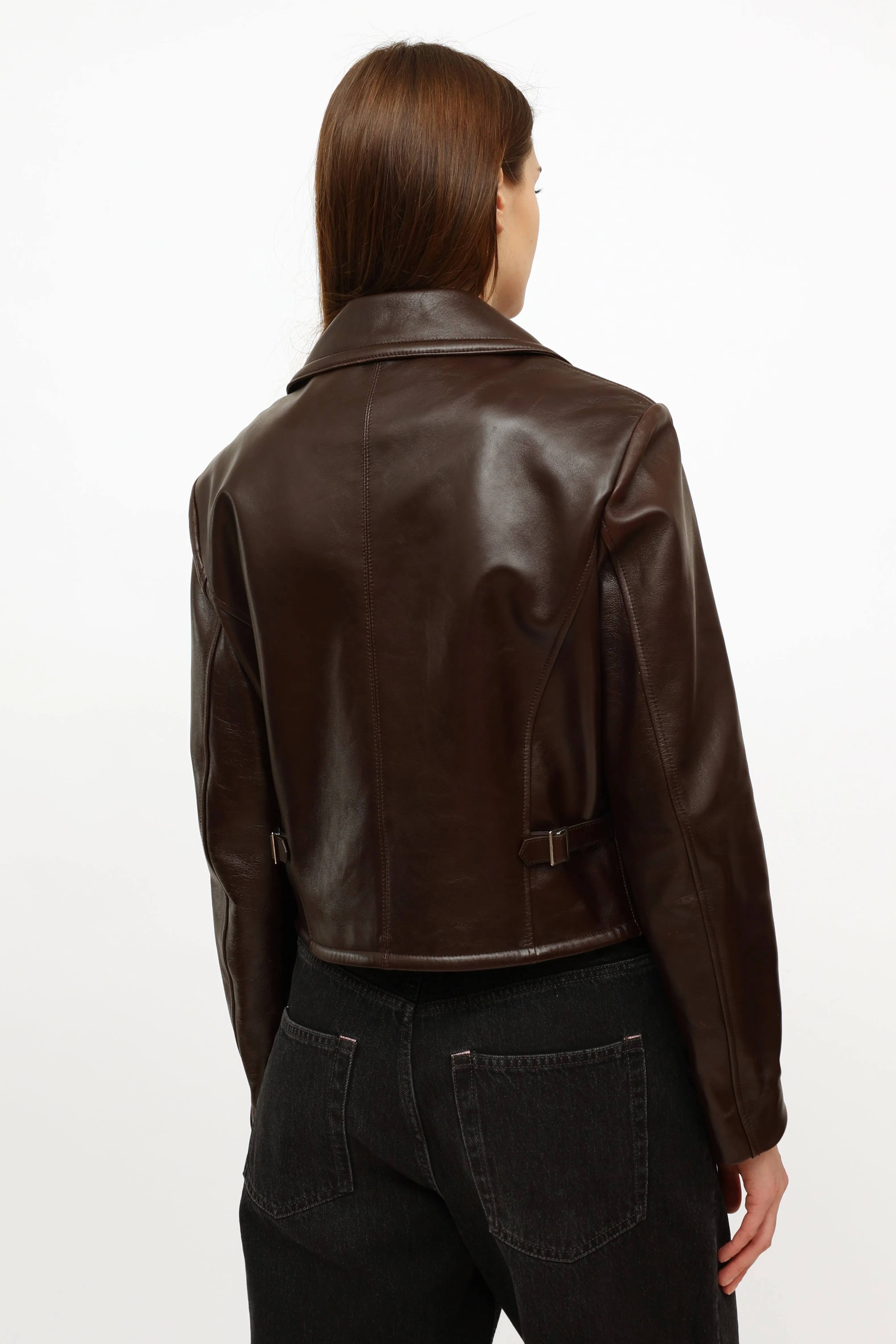 Brown Leather Cropped Moto Jacket