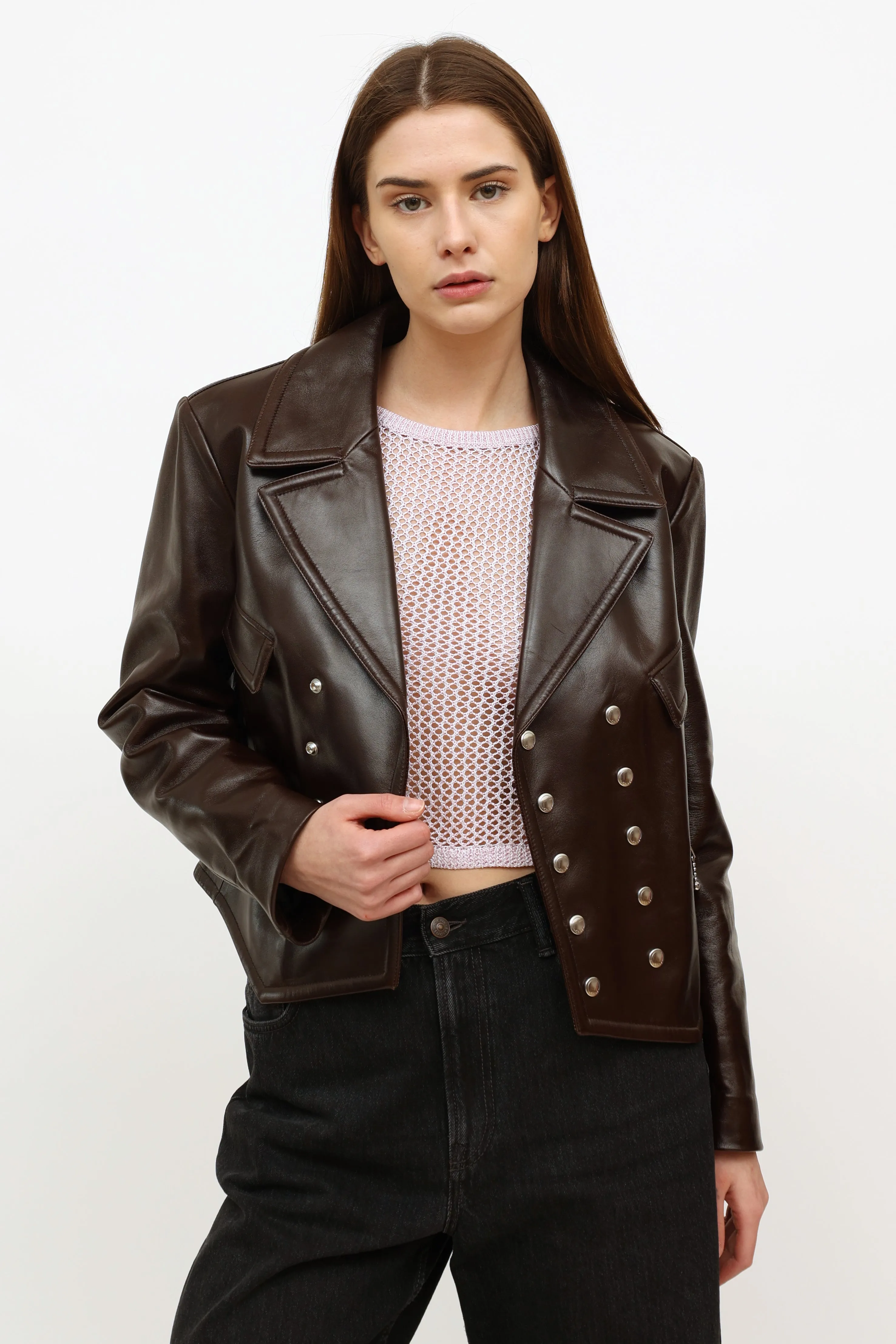 Brown Leather Cropped Moto Jacket