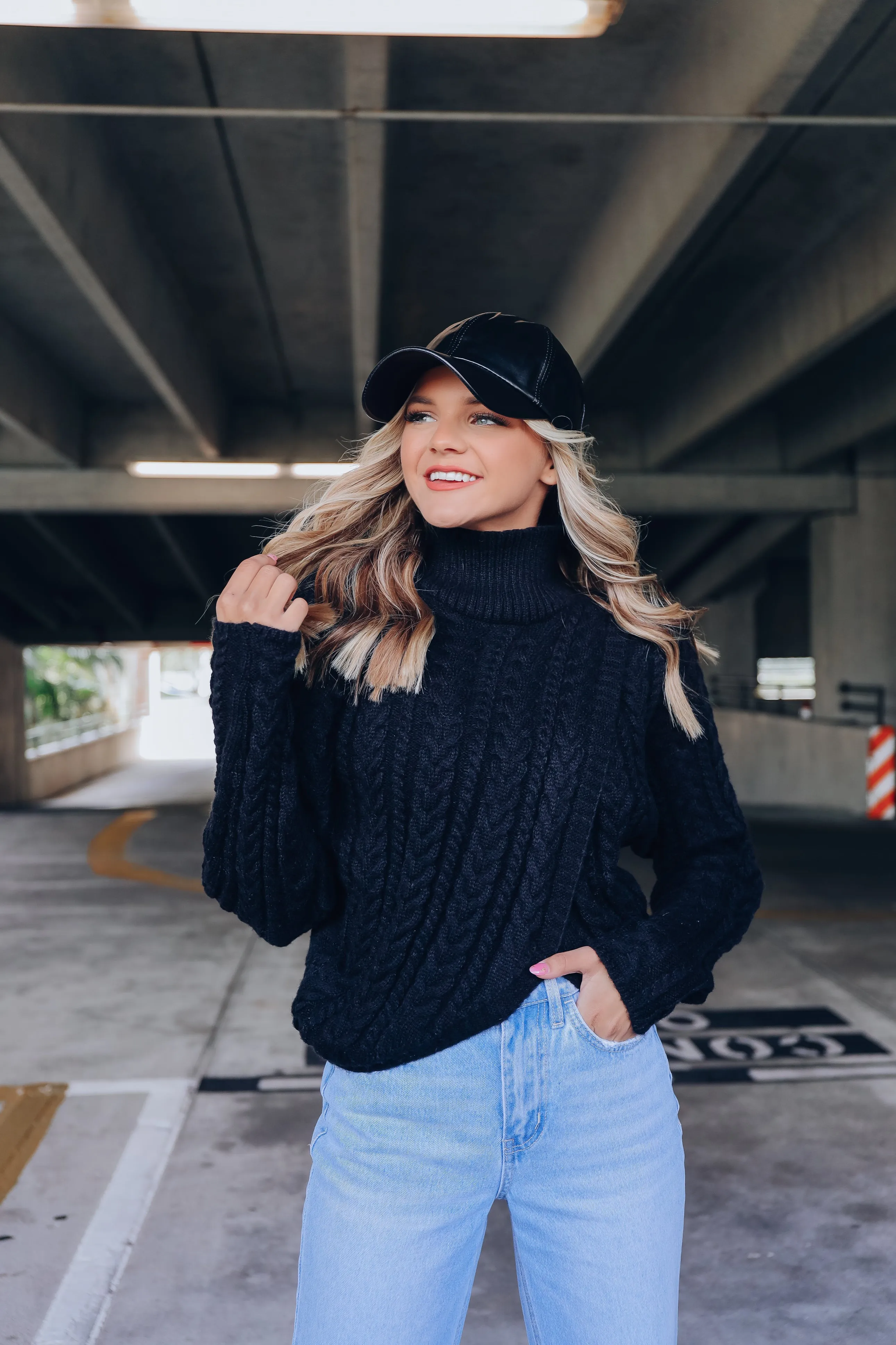 Cable Knit Cross Front Cropped Sweater - Black