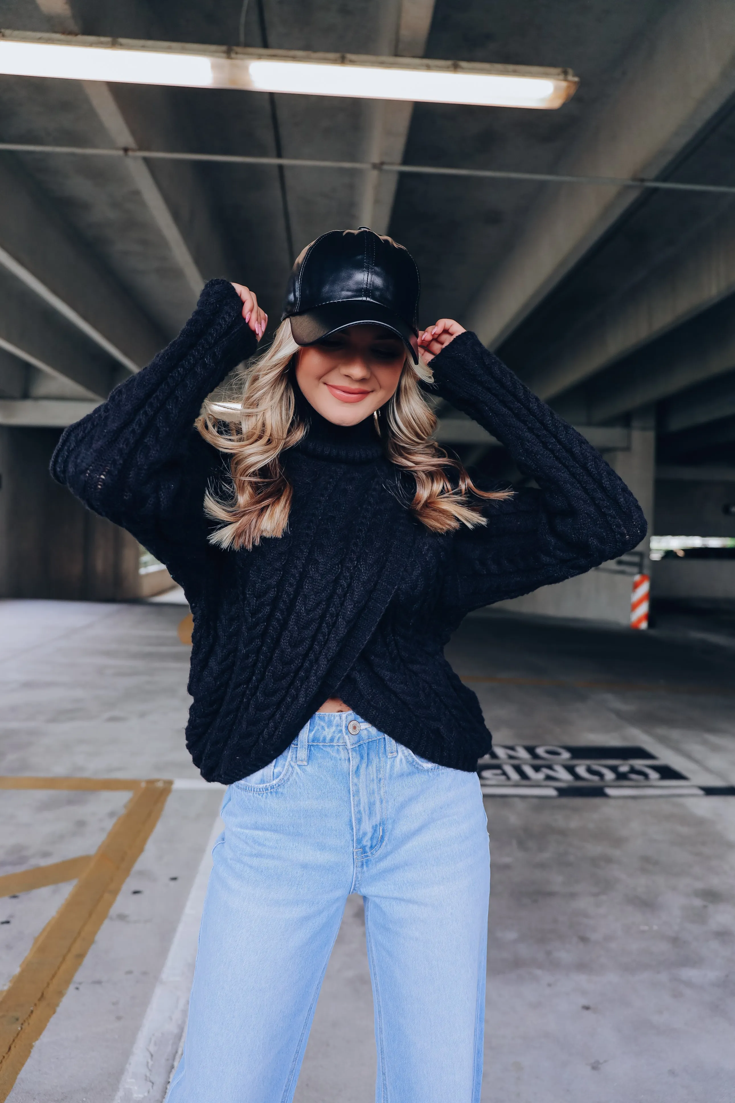 Cable Knit Cross Front Cropped Sweater - Black