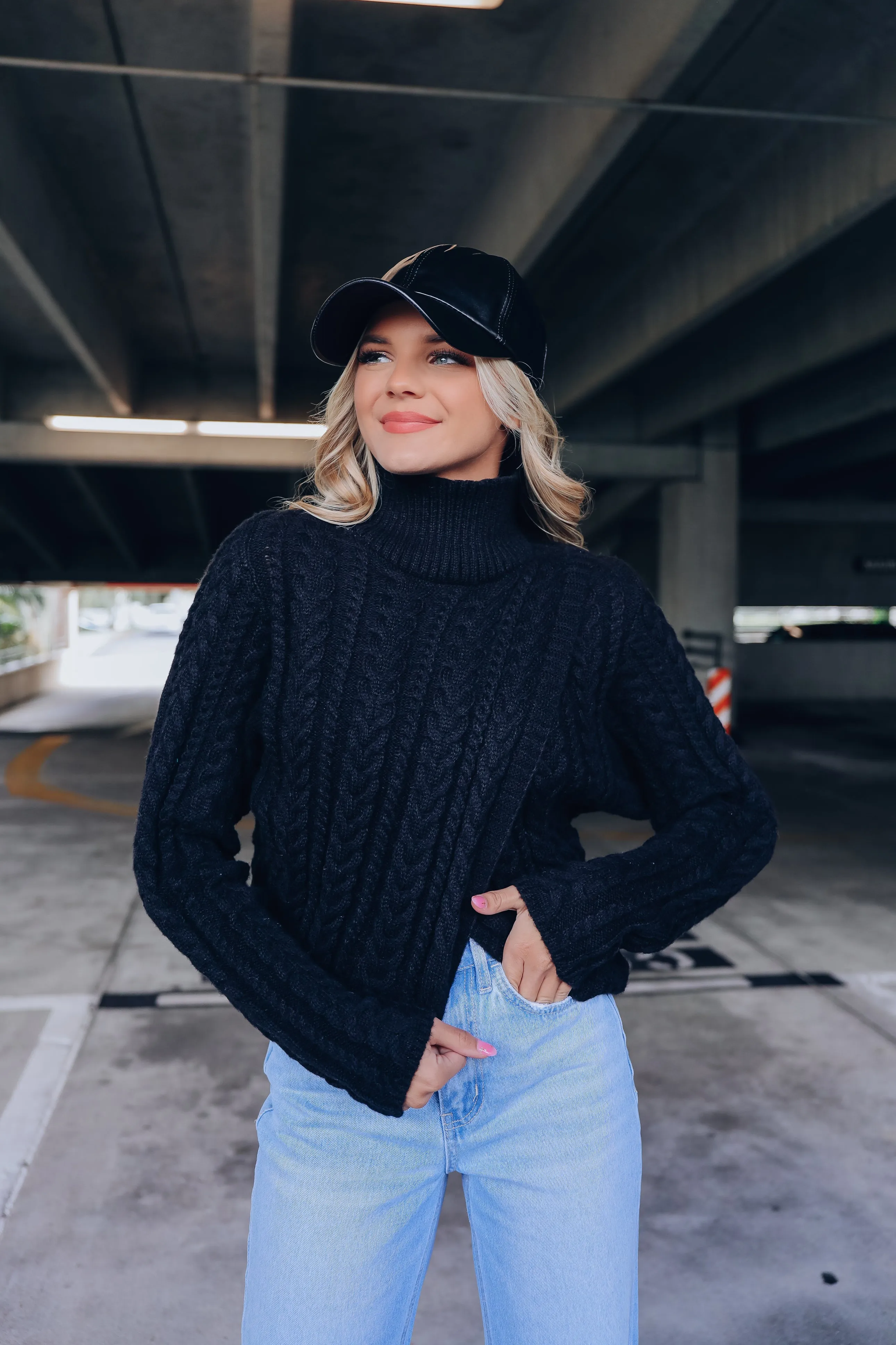 Cable Knit Cross Front Cropped Sweater - Black