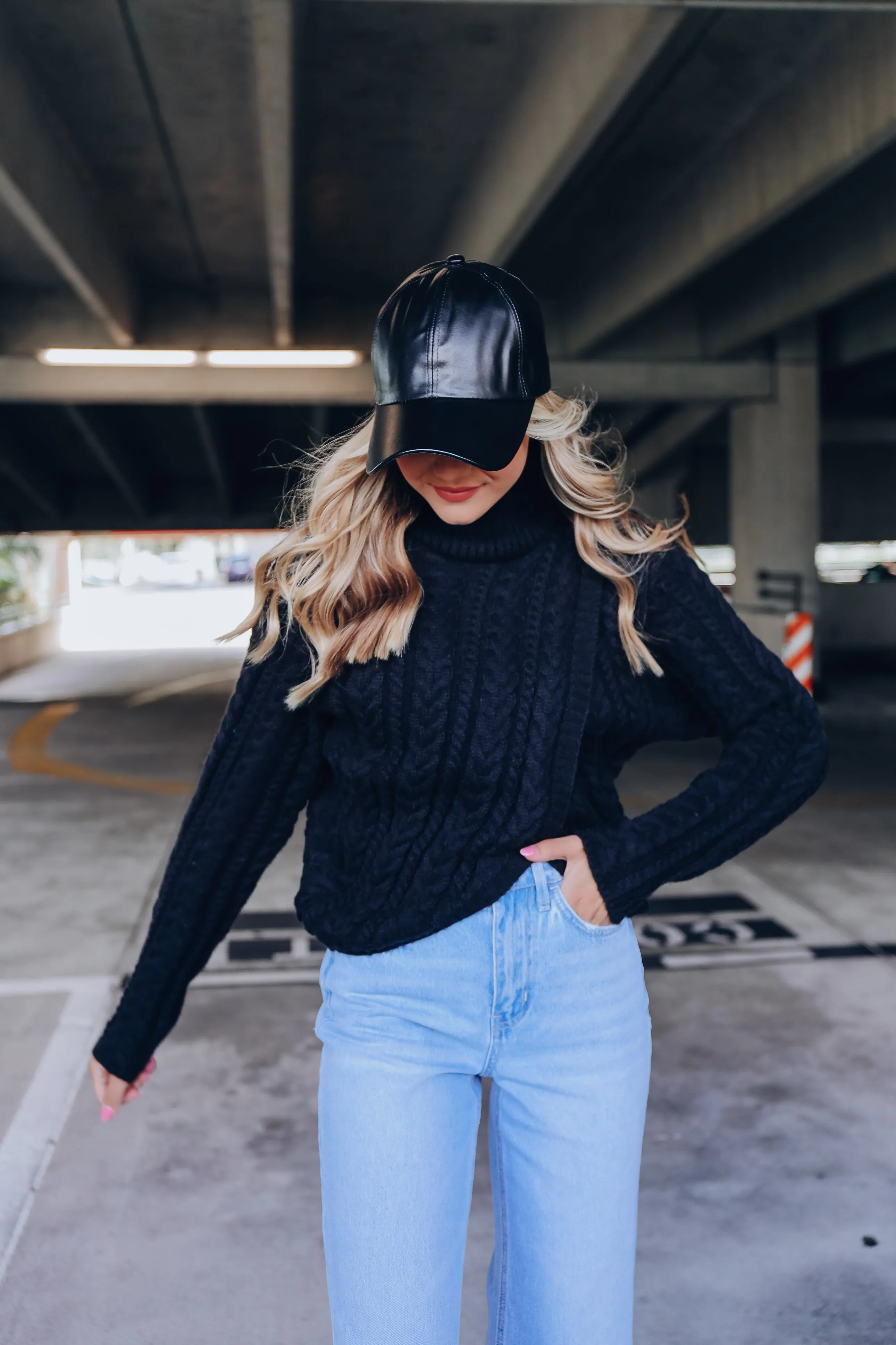 Cable Knit Cross Front Cropped Sweater - Black