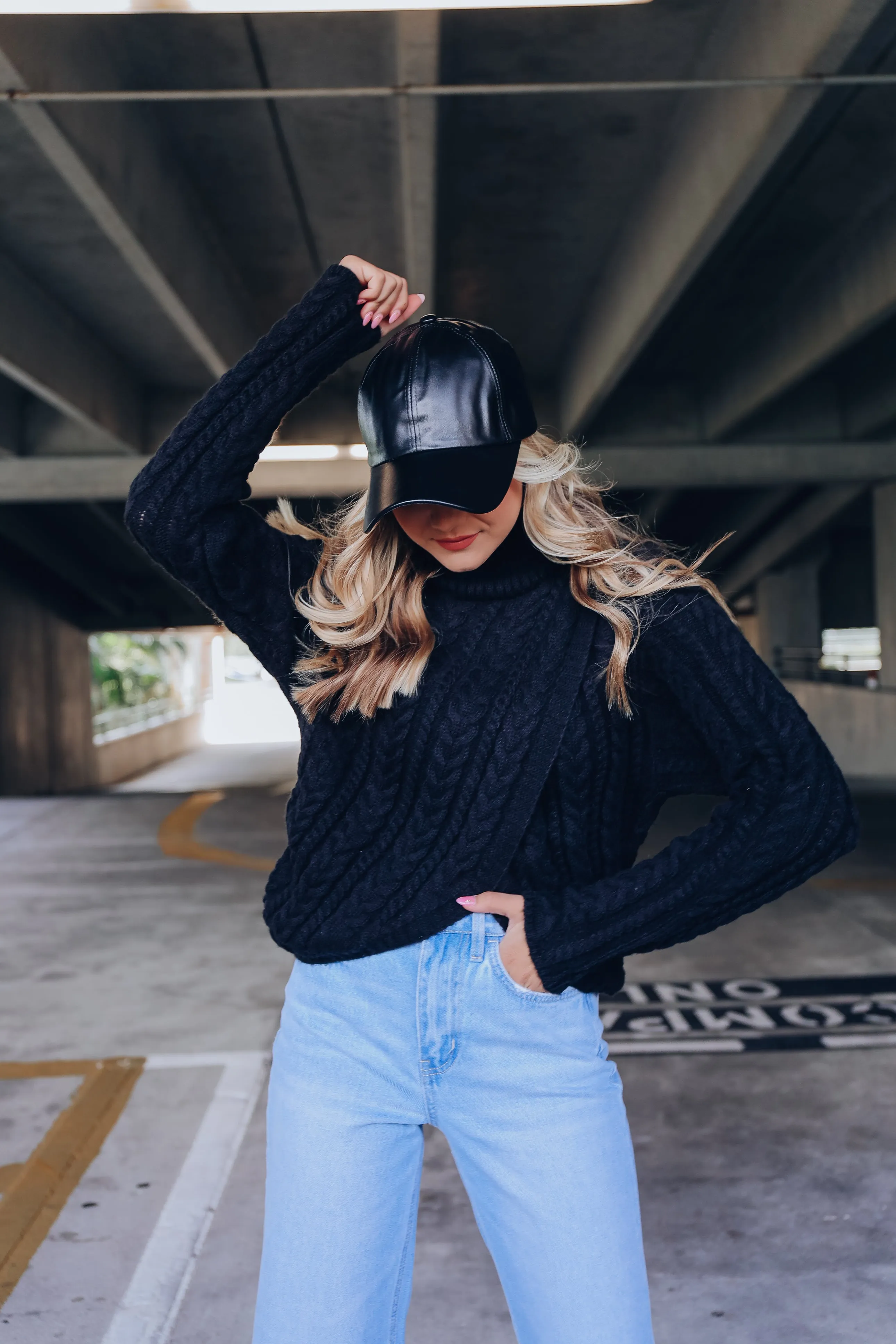 Cable Knit Cross Front Cropped Sweater - Black