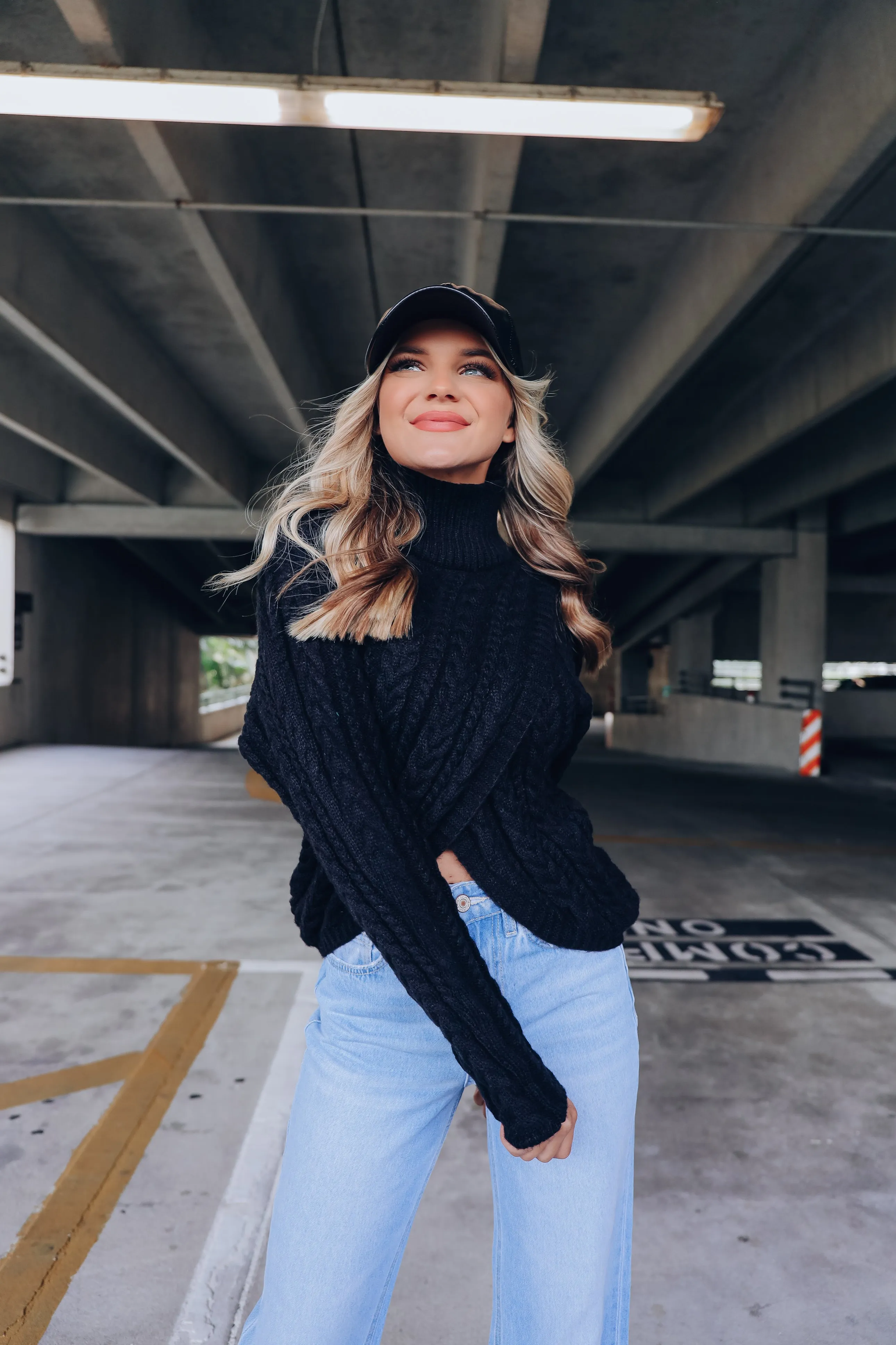 Cable Knit Cross Front Cropped Sweater - Black