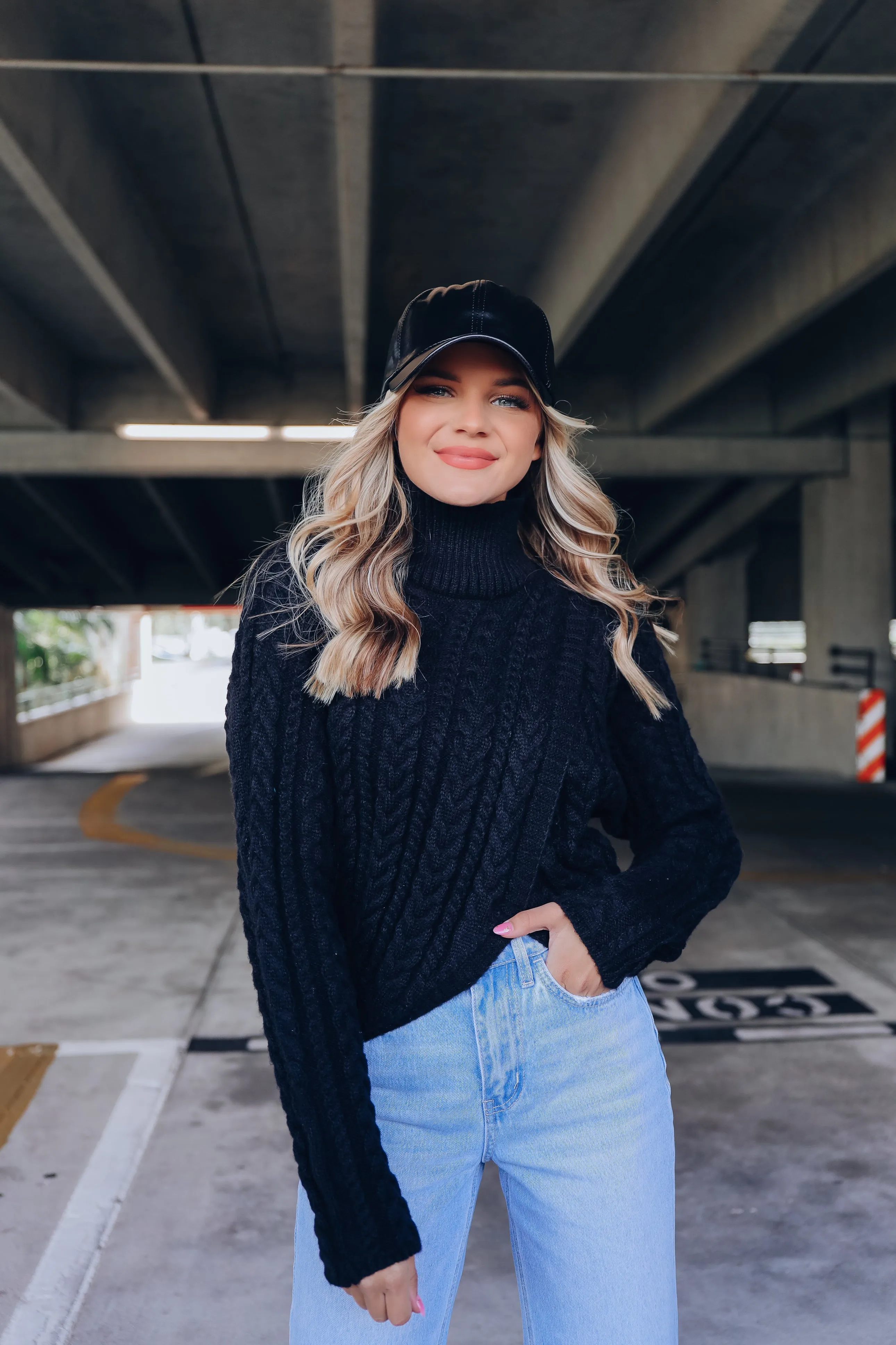 Cable Knit Cross Front Cropped Sweater - Black