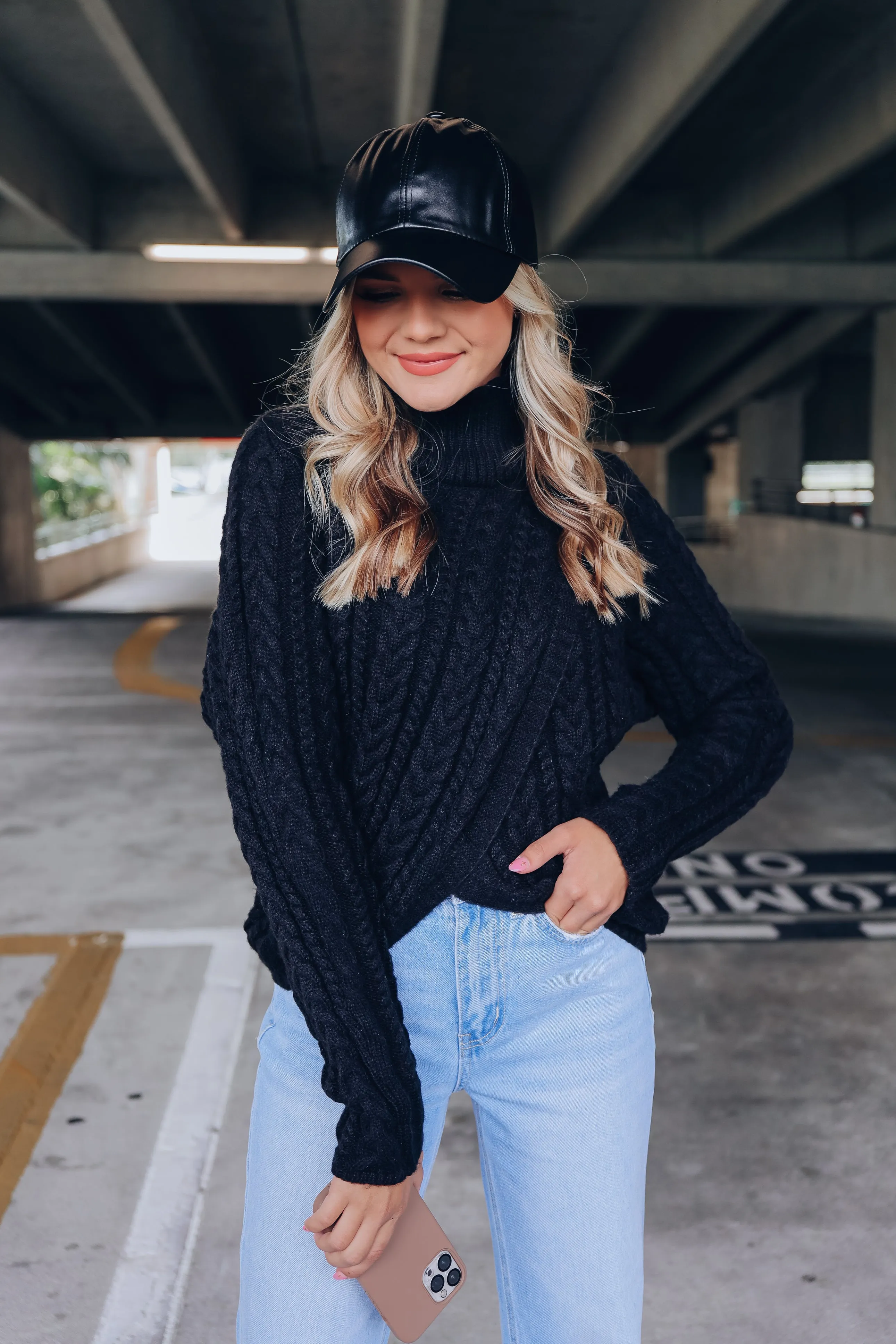 Cable Knit Cross Front Cropped Sweater - Black