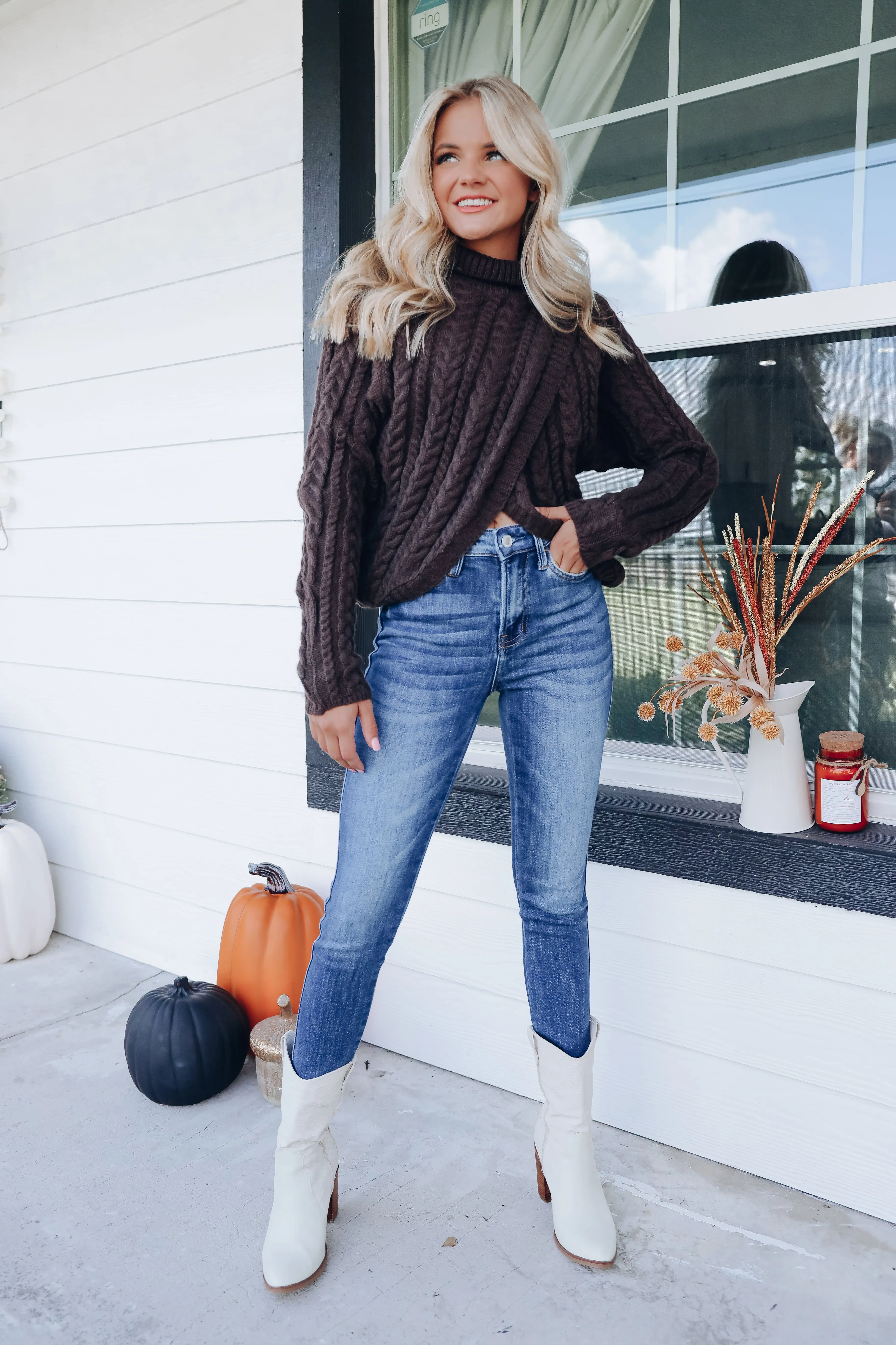 Cable Knit Cross Front Cropped Sweater - Chocolate