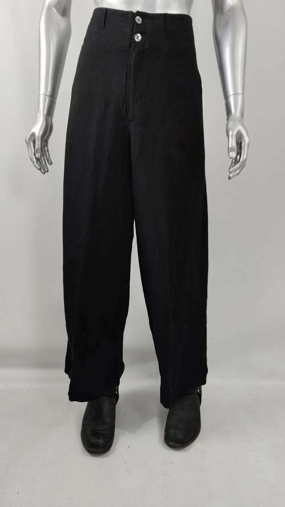 Calugi e Giannelli Vintage Mens Black Linen Blend Wide Leg Trousers