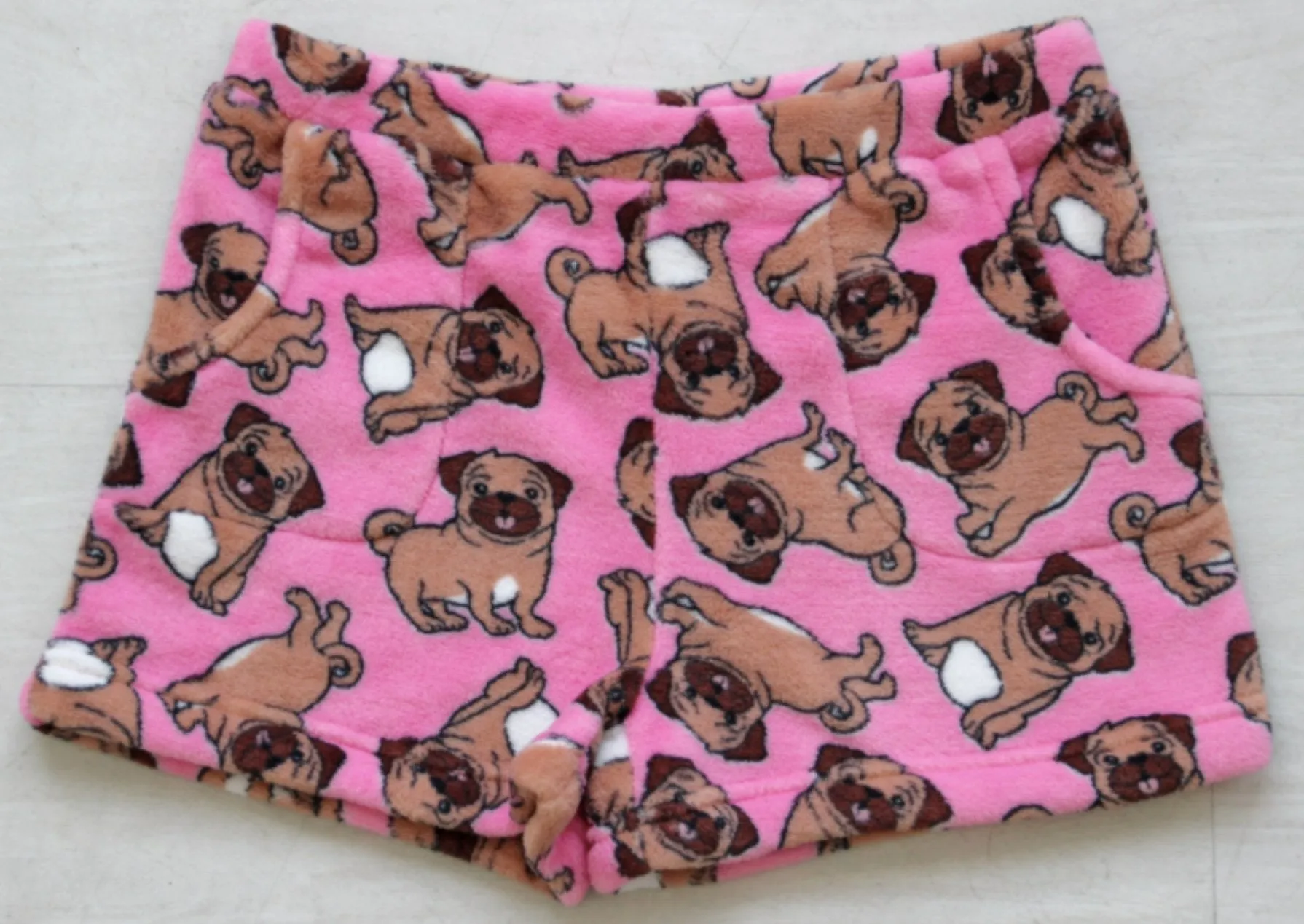 Candy Pink Girls Fleece Pajama Shorts in Pug Dog Pattern