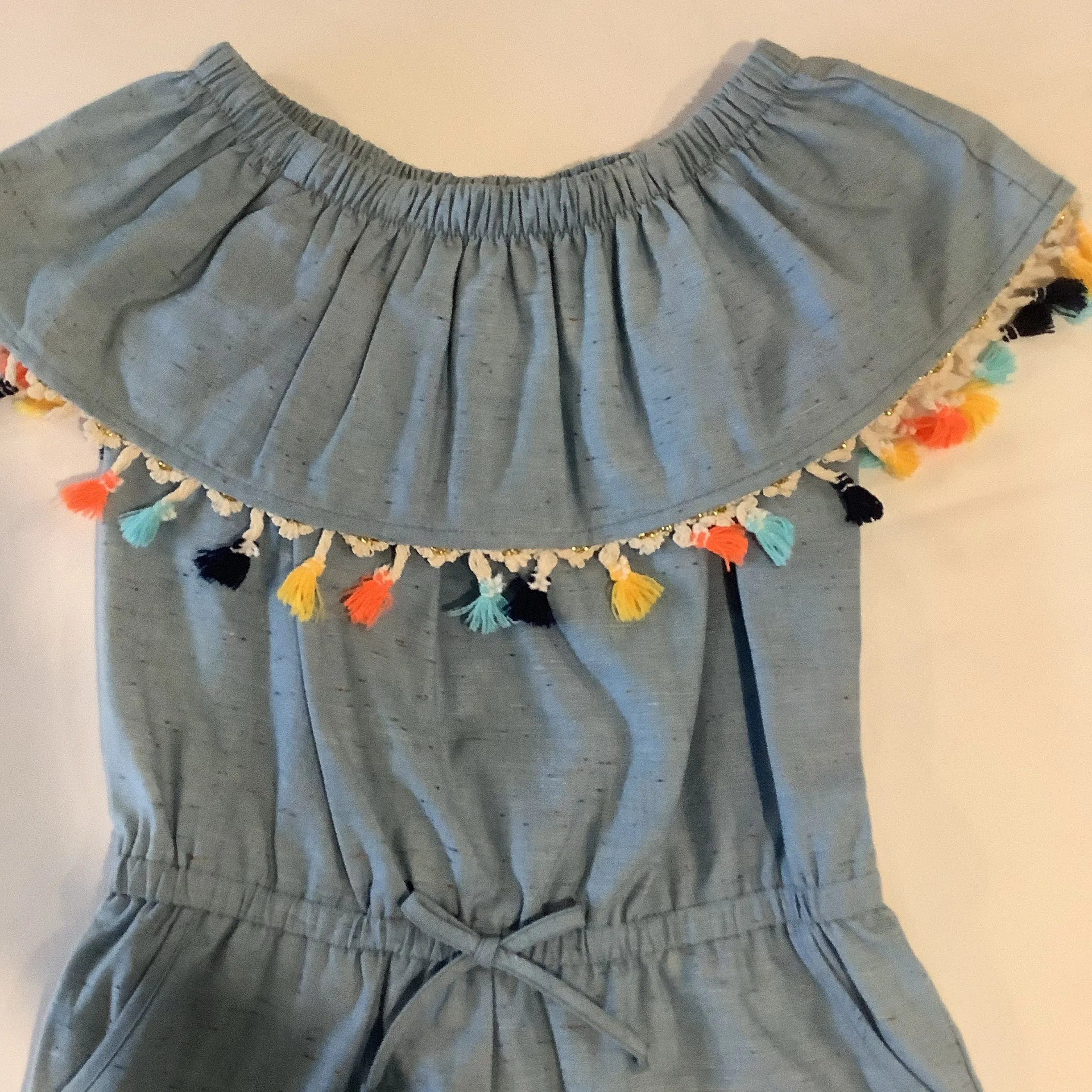 Chambray Denim Romper With Tassels