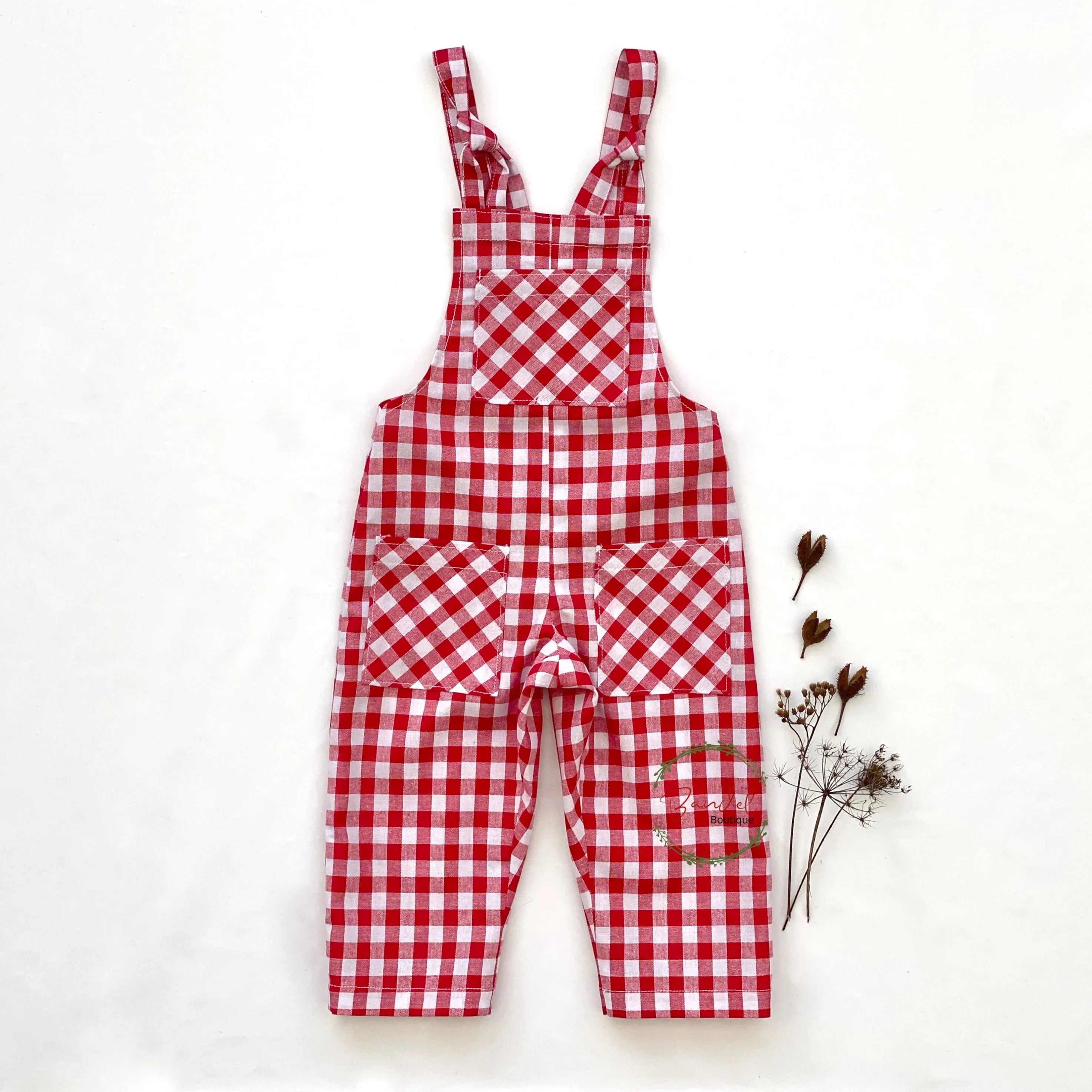 Check Cotton Dungarees- Red