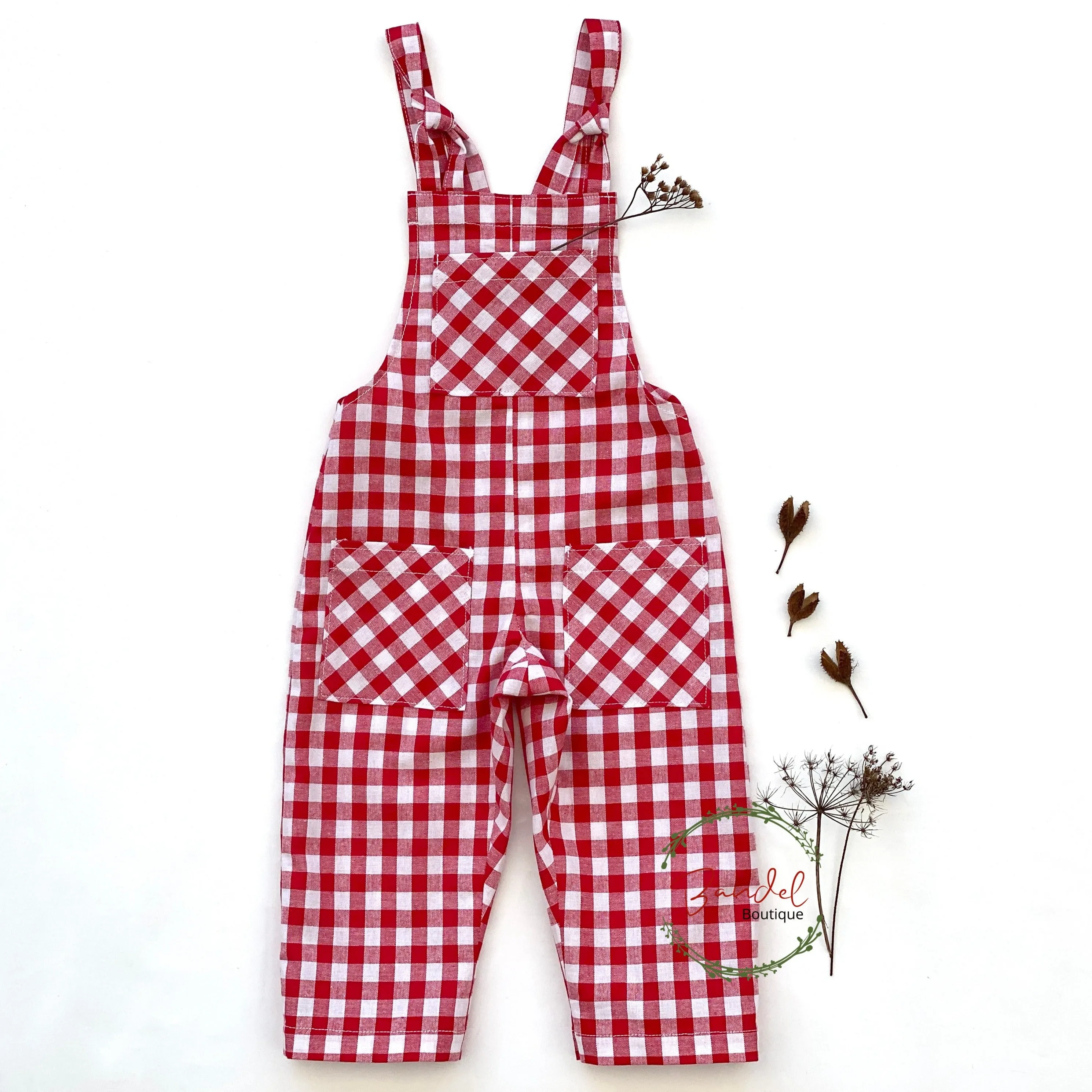 Check Cotton Dungarees- Red