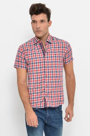 Checked Short Sleeves Navy Blue Men Shirt - Wessi