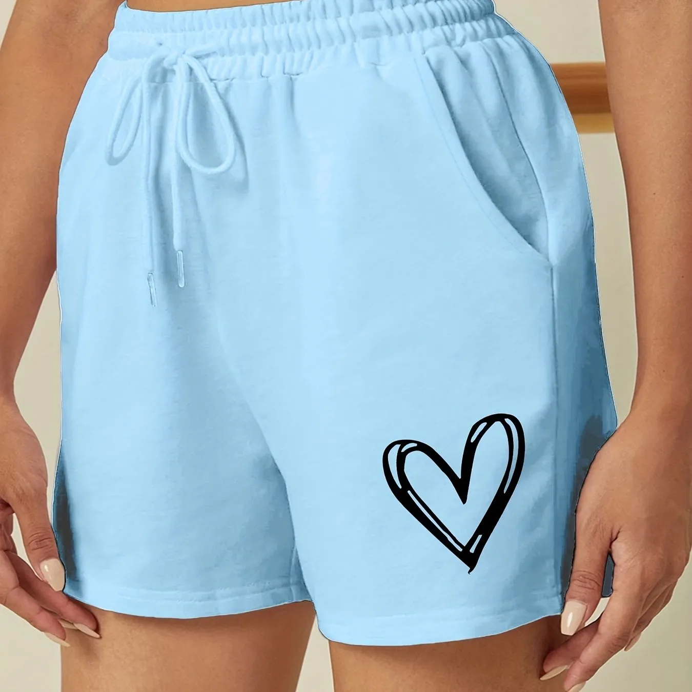 Chic Heart Print Drawstring Shorts for Womens Sports Casual Wear