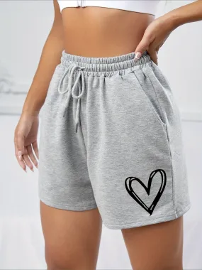 Chic Heart Print Drawstring Shorts for Womens Sports Casual Wear