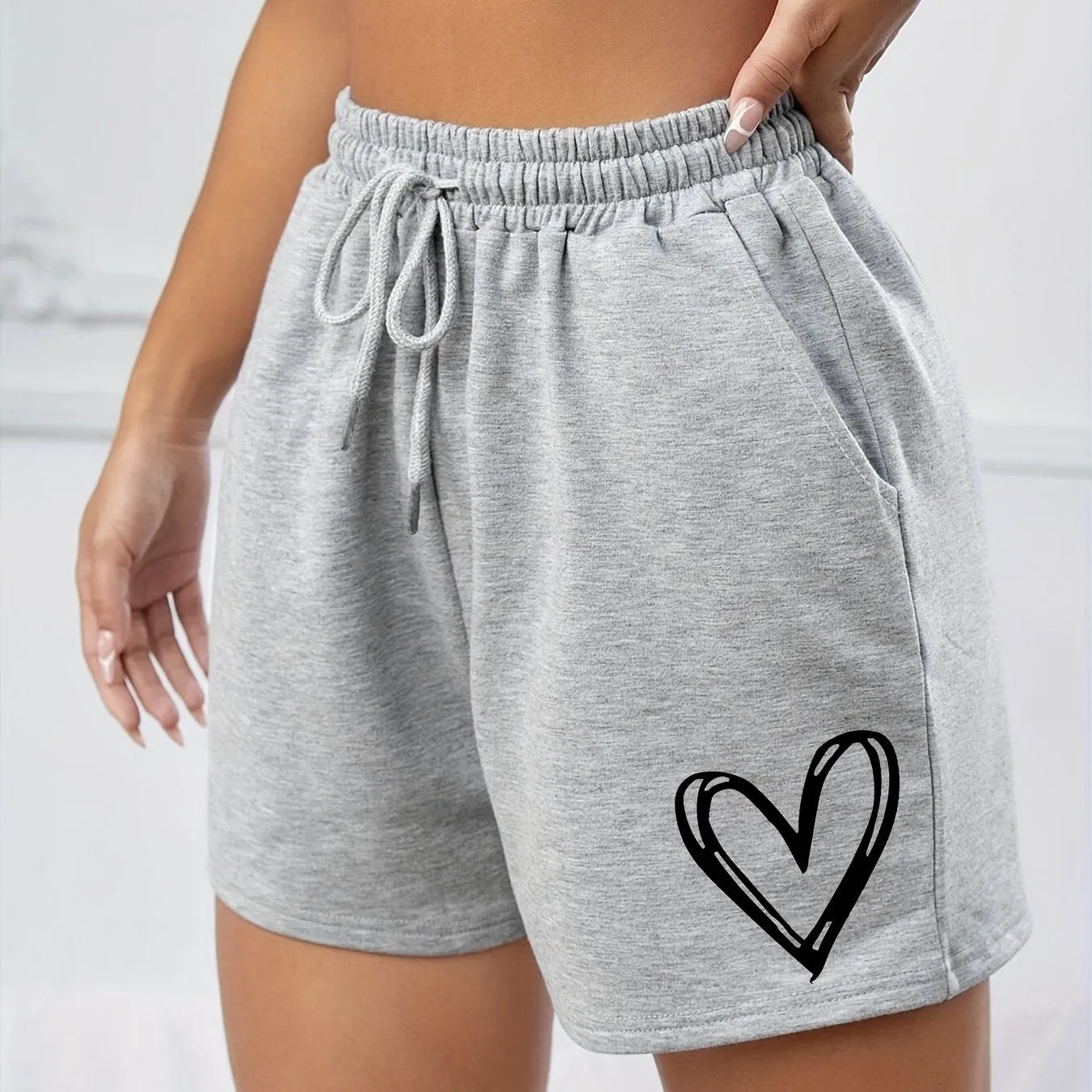 Chic Heart Print Drawstring Shorts for Womens Sports Casual Wear