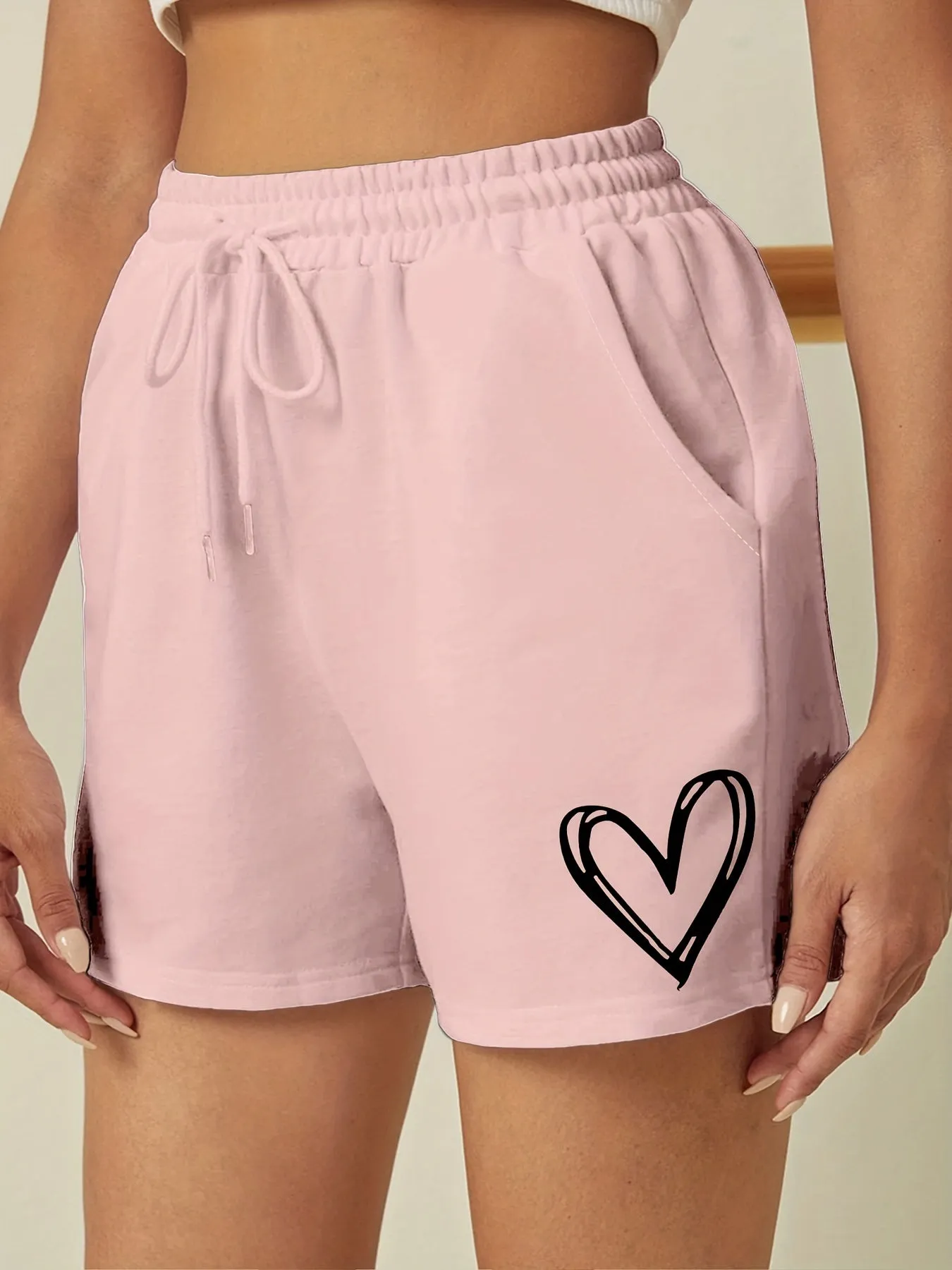 Chic Heart Print Drawstring Shorts for Womens Sports Casual Wear