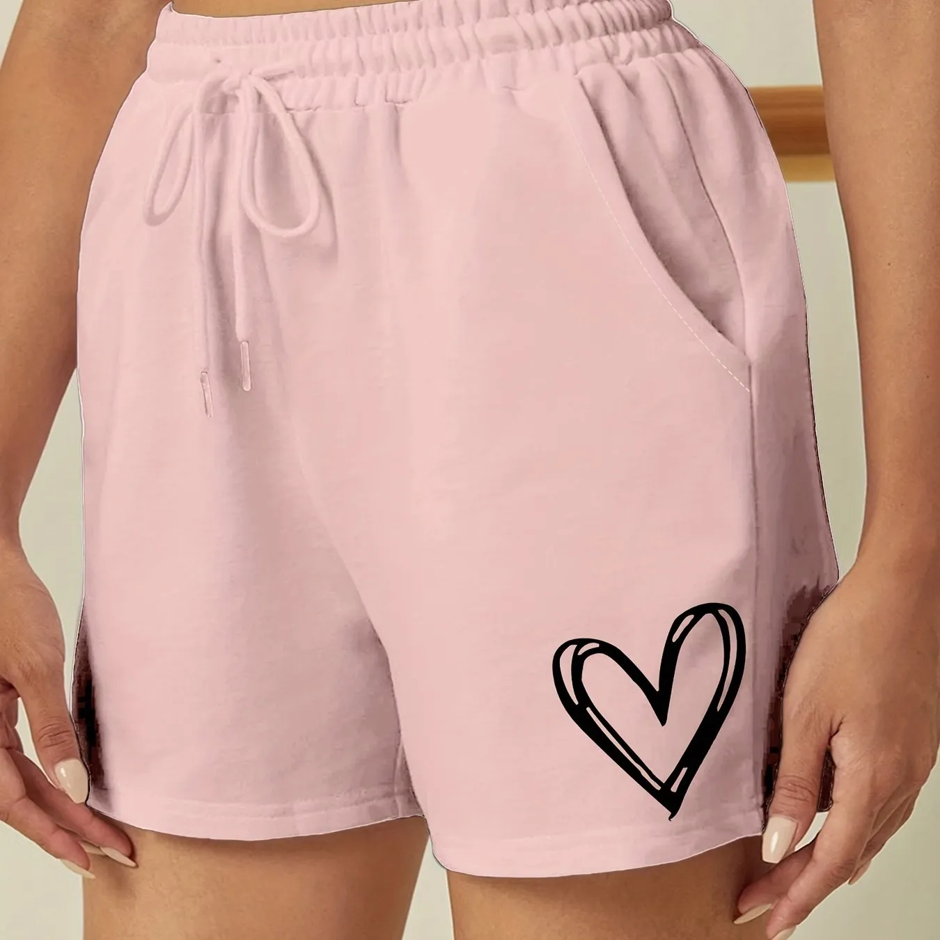 Chic Heart Print Drawstring Shorts for Womens Sports Casual Wear